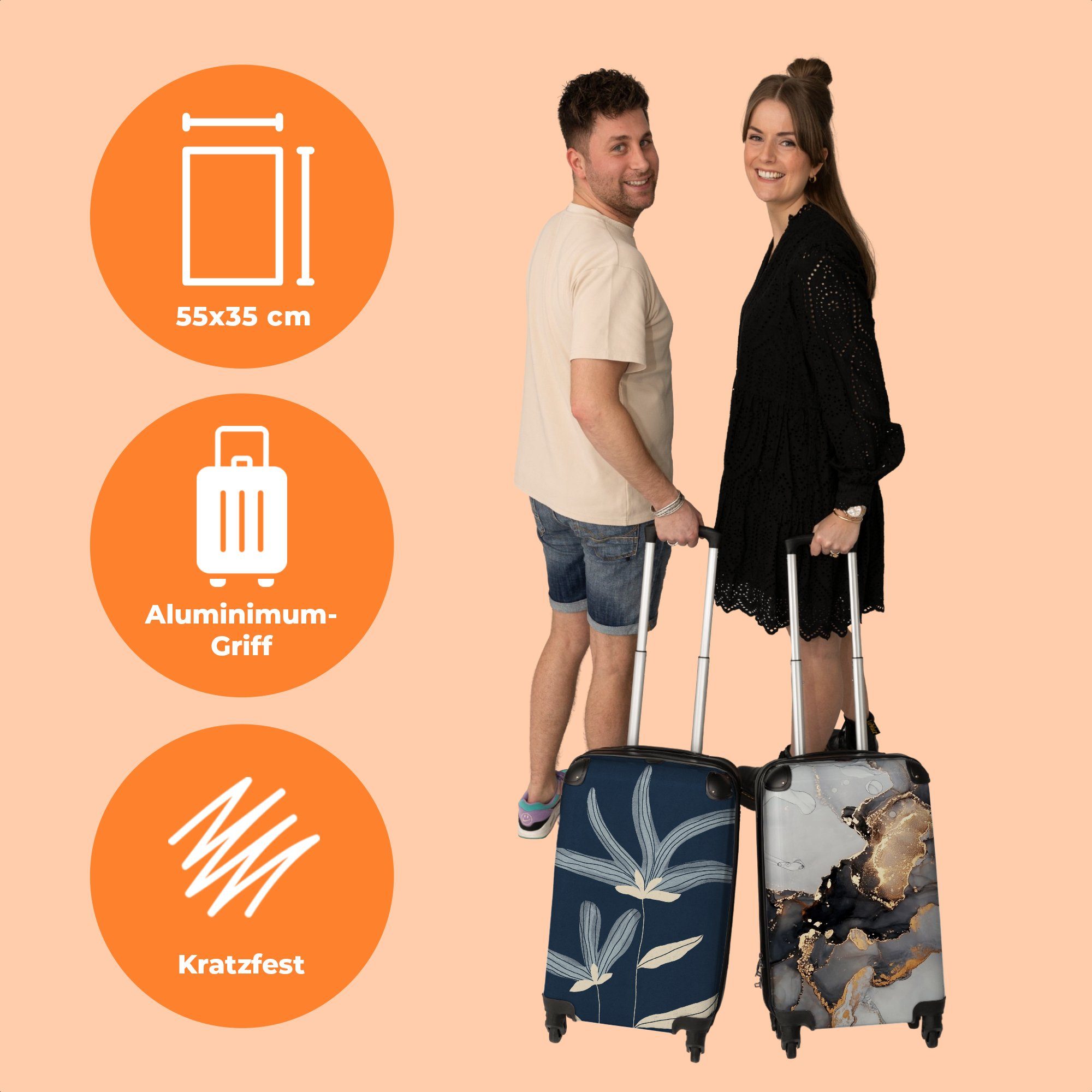 NoBoringSuitcases.com© Handgepäckkoffer mit 4 - - 55x35x20cm Trolley Rollen Reisekoffer Rollkoffer Handgepäck Blau Rollen, Blumen - Kleine 4 Pflanzen Cabin Natur, 