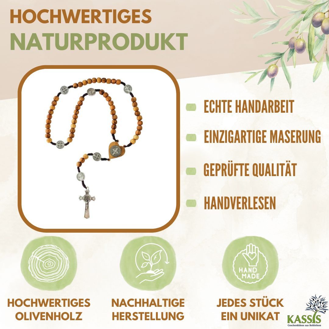 Kassis Geschenkartikel Kette ohne Anhänger St. Benedikt-Rosenkranz aus Olivenholz Gebetskette Talisman, handgefertigt in Bethlehem, Ideales Geschenk zu religiös – Bild 2 von 5