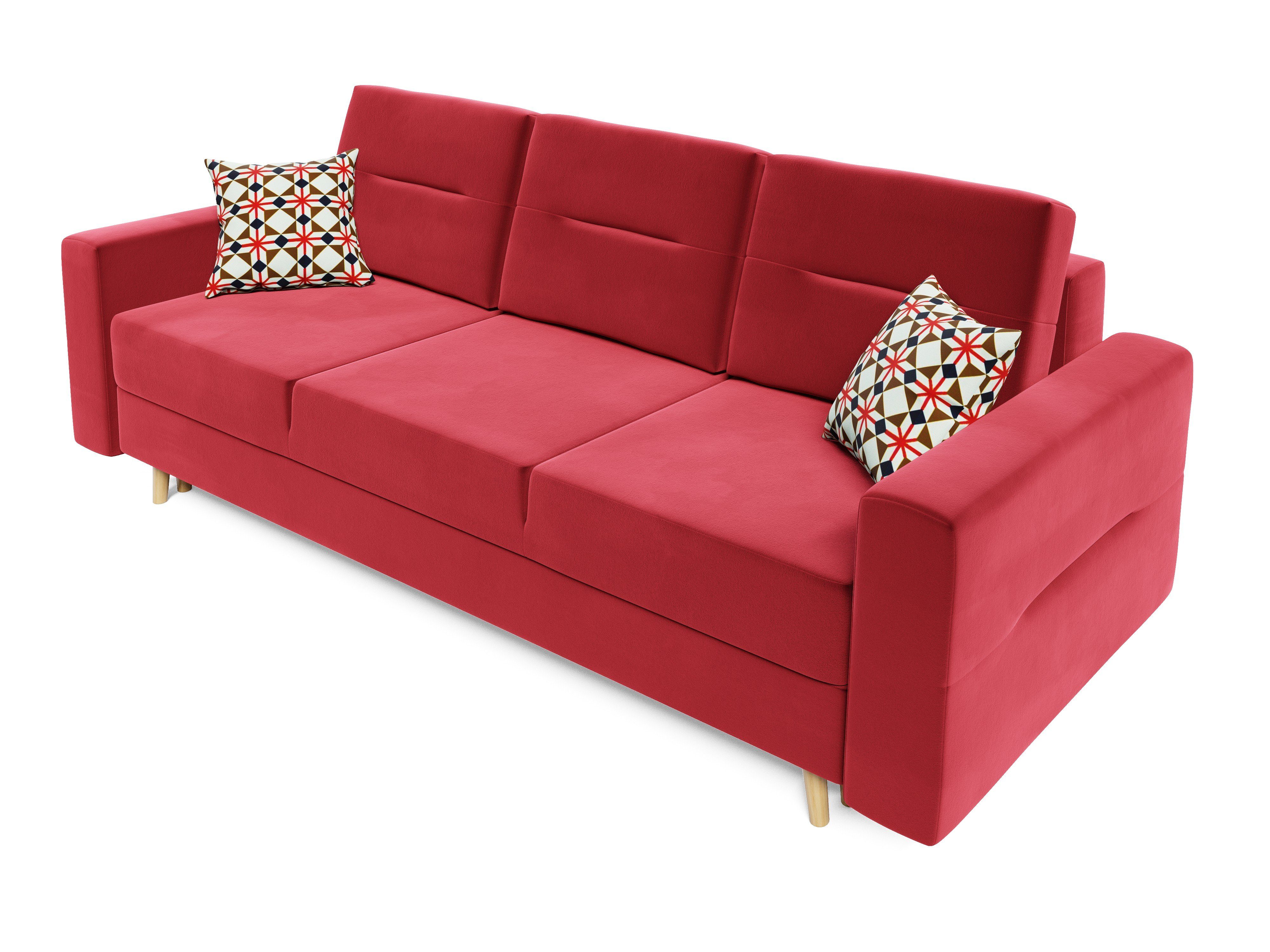 Bettkasten COUCH Schlafsofa, Schlaffunktion 234cm BERGEN Dunkelrot und pressiode Sofa mit