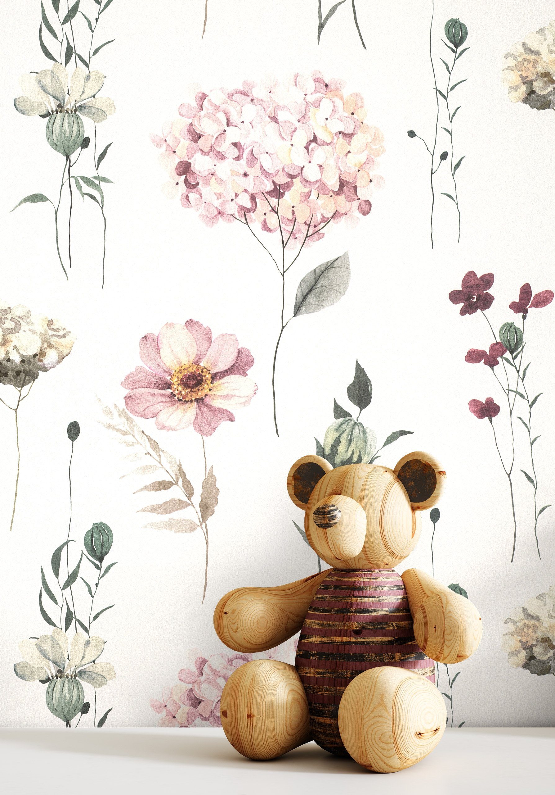 Newroom Vliestapete, Rosa Tapete Kinder Blumen - Kindertapete Jugendtapete Rose Grau Verspielt Blüten Hortensien für Kinderzimmer Jugendzimmer Babyzimmer