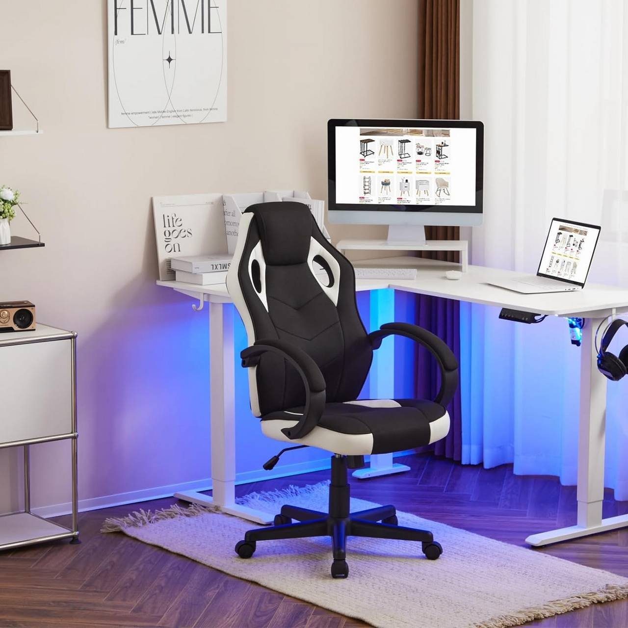 St), Gaming-Stuhl drehbar Weiß+Schwarz höhenverstellbar Woltu Bürostuhl, ergonomisch (1