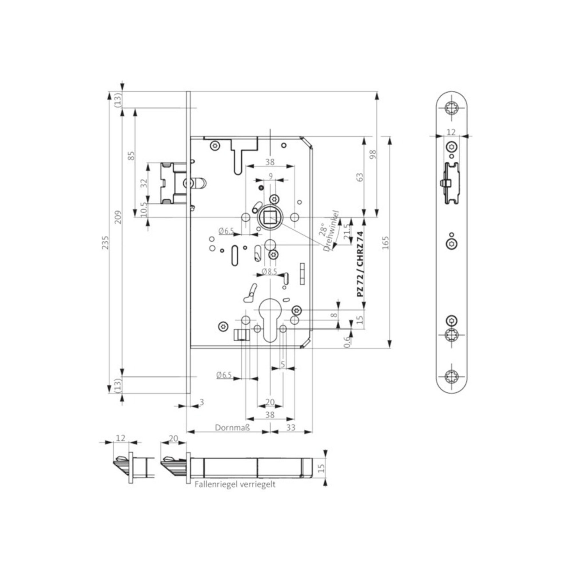 BKS Profilzylinder Panik-Einsteckschloss 2116 Fkt.E rd 20/55/72/9mm DIN R VA selbstverr.B