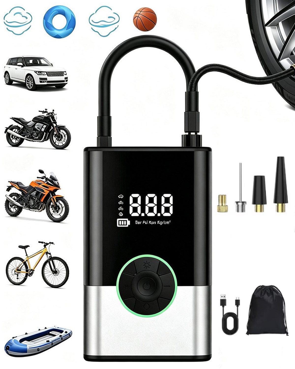 Pdgrid Akku-Luftpumpe 6000mAh Tragbare Elektronische Tragbare 150PSI Fahrradpumpe Elektrisch, luftpumpe für fahrrad,Luftkompressor Portable Electric Air