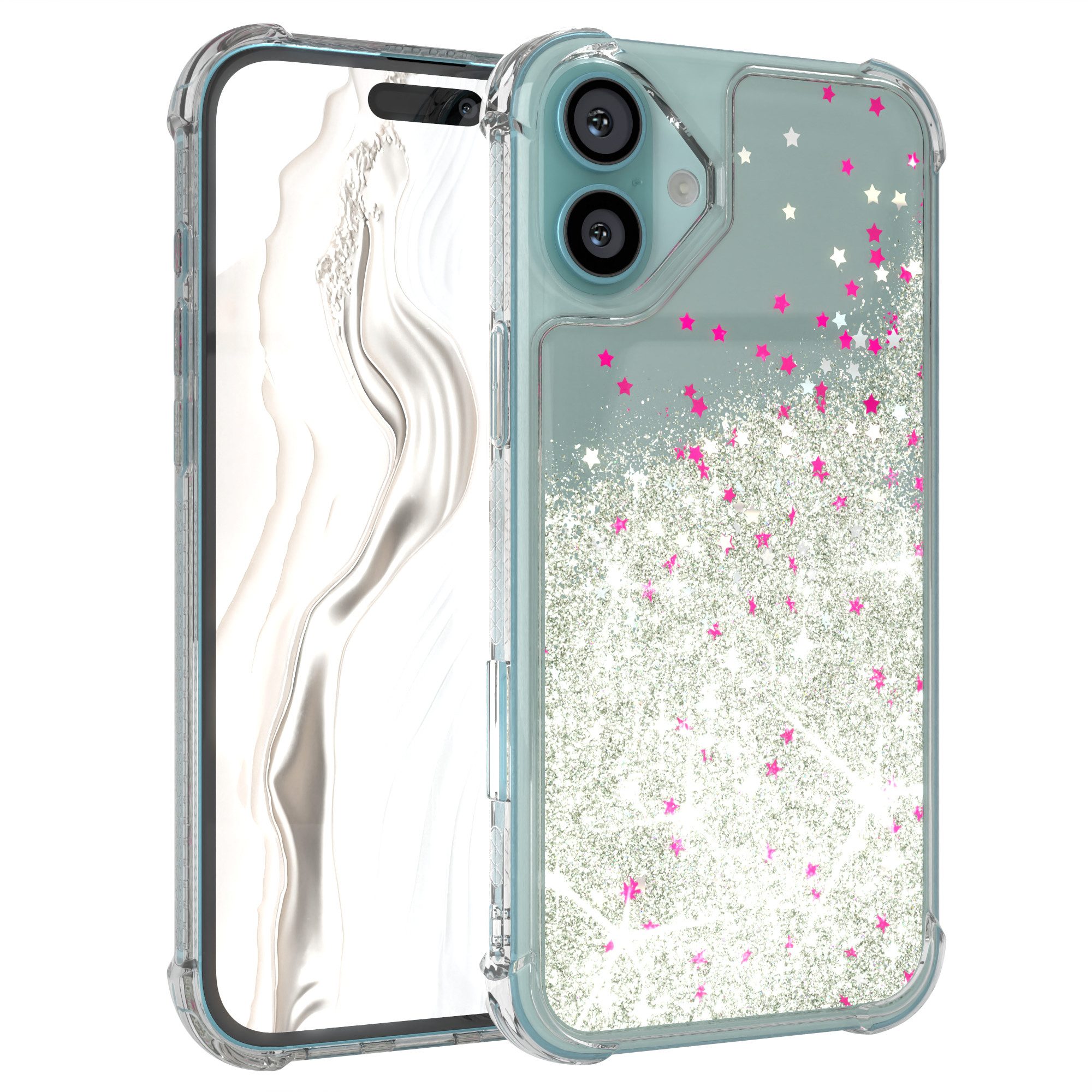 EAZY CASE Handyhülle Liquid Glittery Case für Apple iPhone 16 Plus 6,7 Zoll, Kratzfeste Silikonhülle stoßfestes Back Cover Phone Case Etui Silber