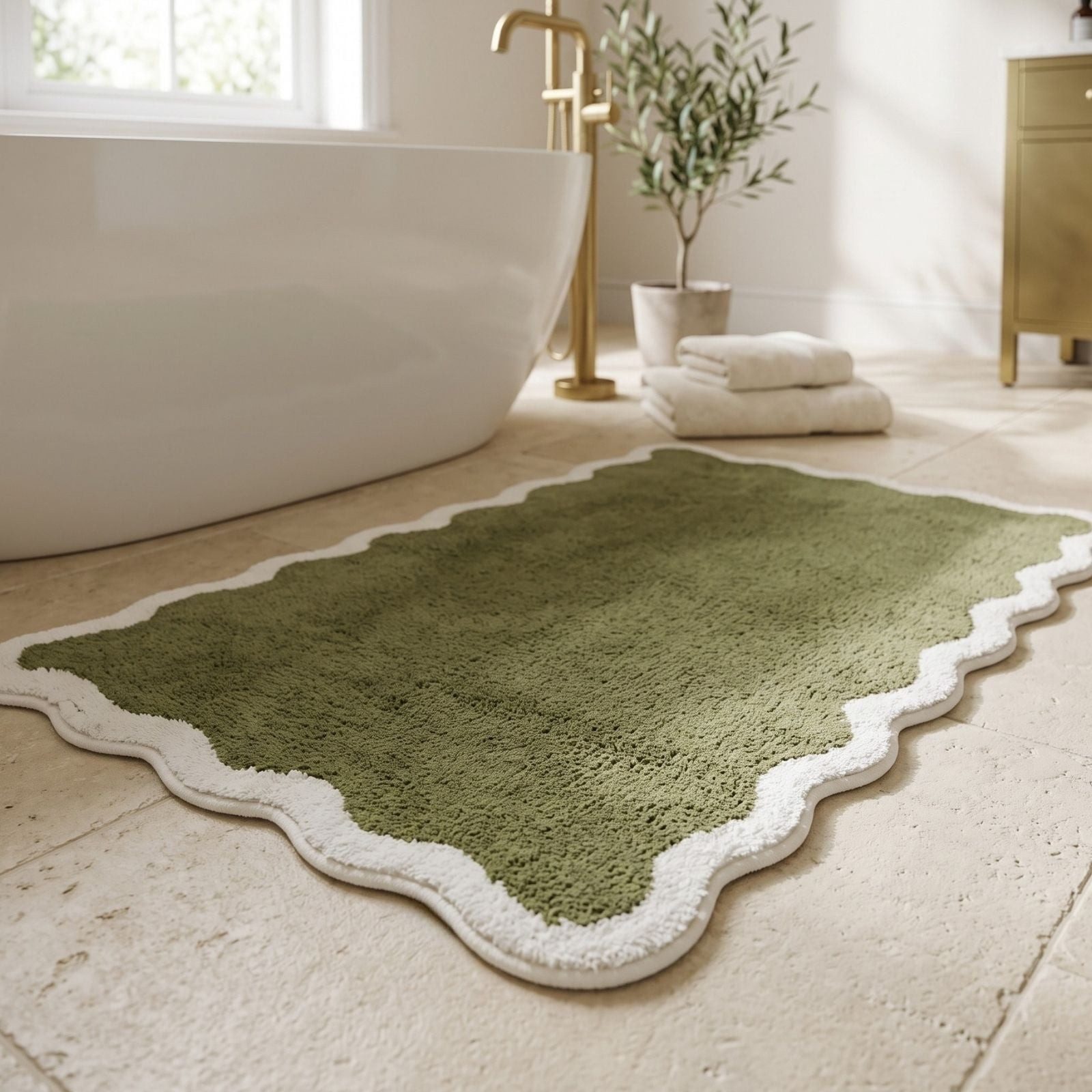 Homescapes Badematte Badematte mit Wellenrand 50x80 cm - Badteppich grün,100 % Baumwolle, Höhe 10 mm, 50 x 80 cm – Bild 3 von 5
