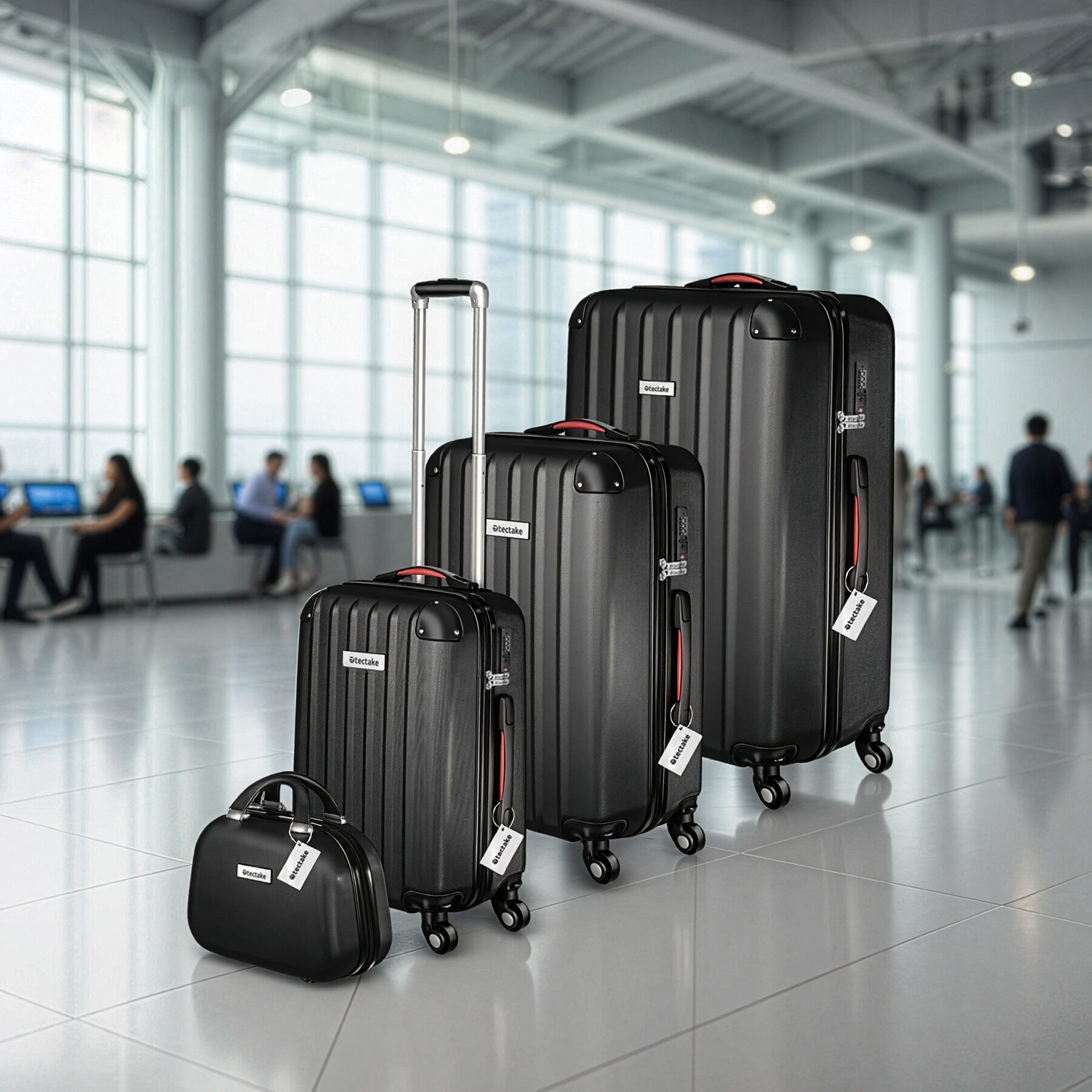 tectake Trolley Hartschalenkoffer-Set 9-teilig mit Kofferwaage und TSA-Zahlenschloss, 4 Rollen, mit Teleskopgriff, 360° drehbare, abnehmbare Rollen, abteilbar