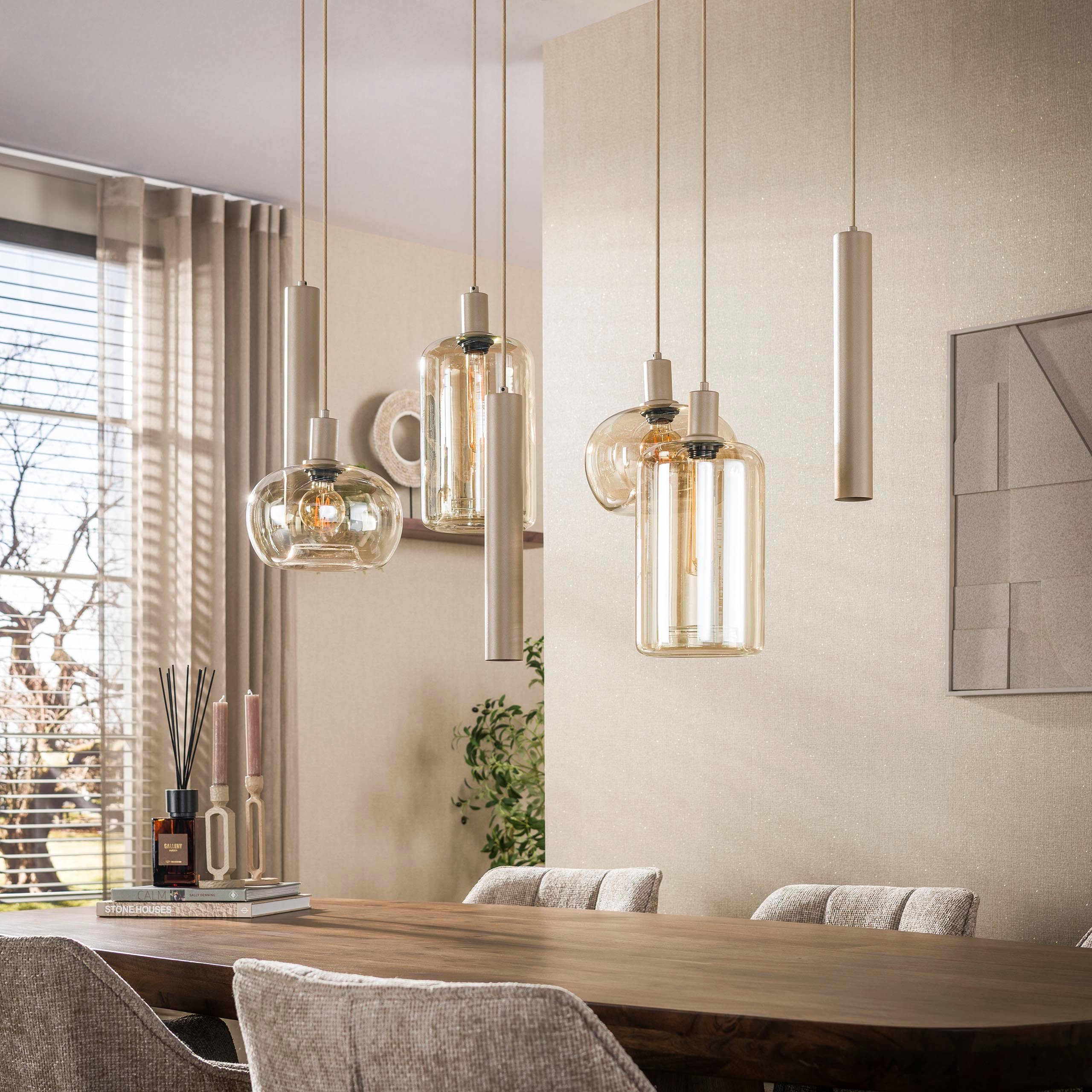 leven! Annekathrin Storkebaum LED Pendelleuchte Pendellampe LUMORA 7 flammig 110 cm Glas beige höhenverstellbar, 4 × E27, 3 × GU10 (Leuchtmittel nicht enthalten – Bild 2 von 5