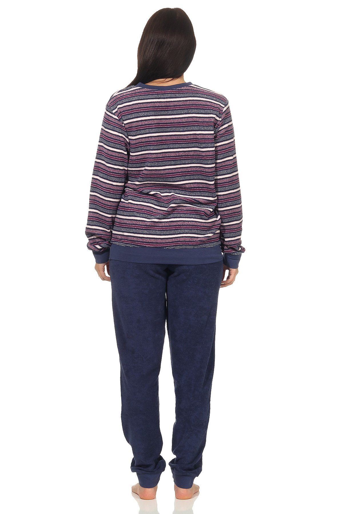 Normann Pyjama Damen Frottee Pyjama langarm Schlafanzug mit Bündchen Streifenoptik – Bild 5 von 5