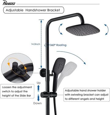 PHASAT Duschsystem Schwarz Thermostat Duscharmatur Duschset Regendusche, mit 3 Funktion Handbrause und Überkopfbrause