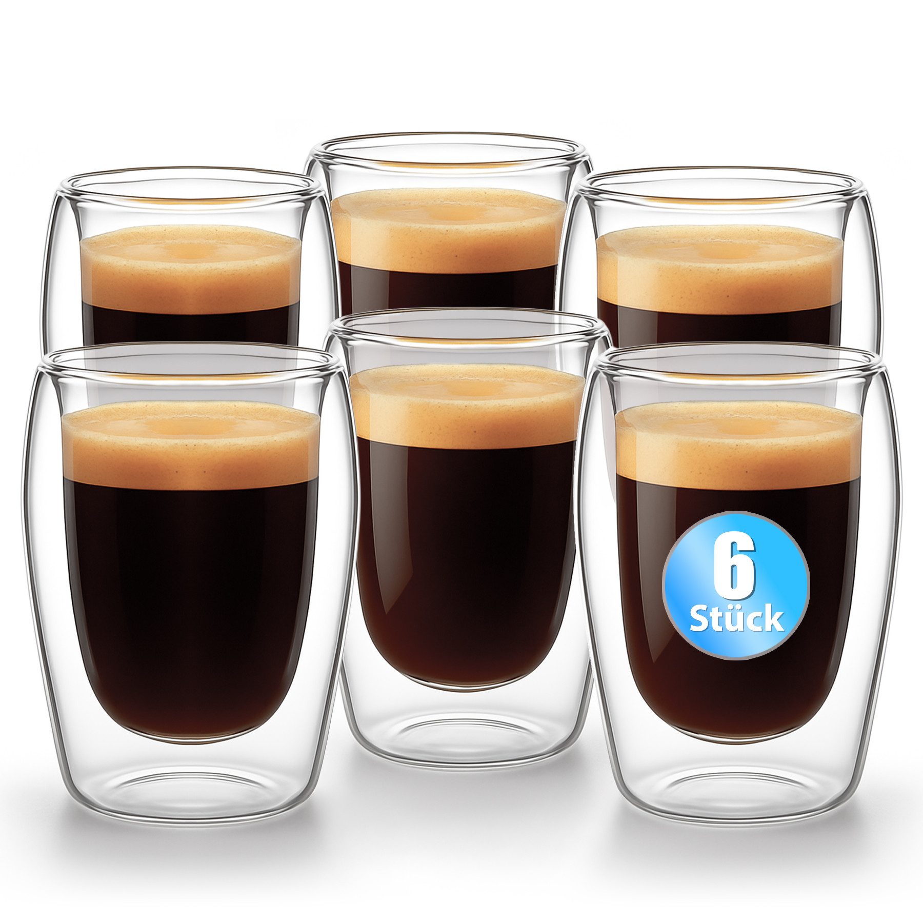 BigDean Espressotasse 6 Stück doppelwandige Espressotassen 80 ml in Gastro-Qualität, 6-tlg., Borosilikatglas, Spülmaschinenfest, Lebensmittelecht