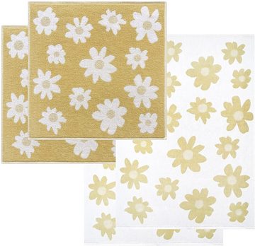 Lashuma Handtuch Set Blumen, Frottee, (4-tlg), 2x Geschirrhandtücher 50x70 cm - 2x Frotteetücher 50x50 cm gelb