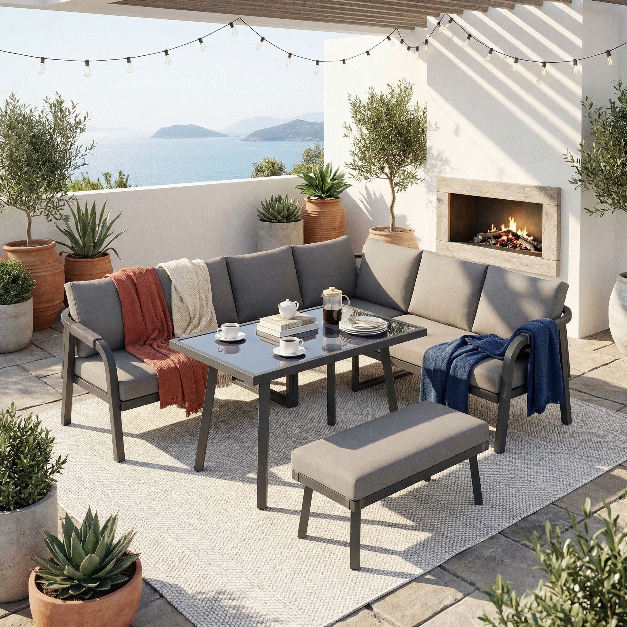 MODFU Gartenlounge-Set 3-tlg. für 8 Personen, grau, mit Glasplatte, (Set, 3-tlg., Mit Flecht-Details & robustem Stahlgestell), Inkl. Sofa, Tisch & Bank, ideal für Terrasse & Garten