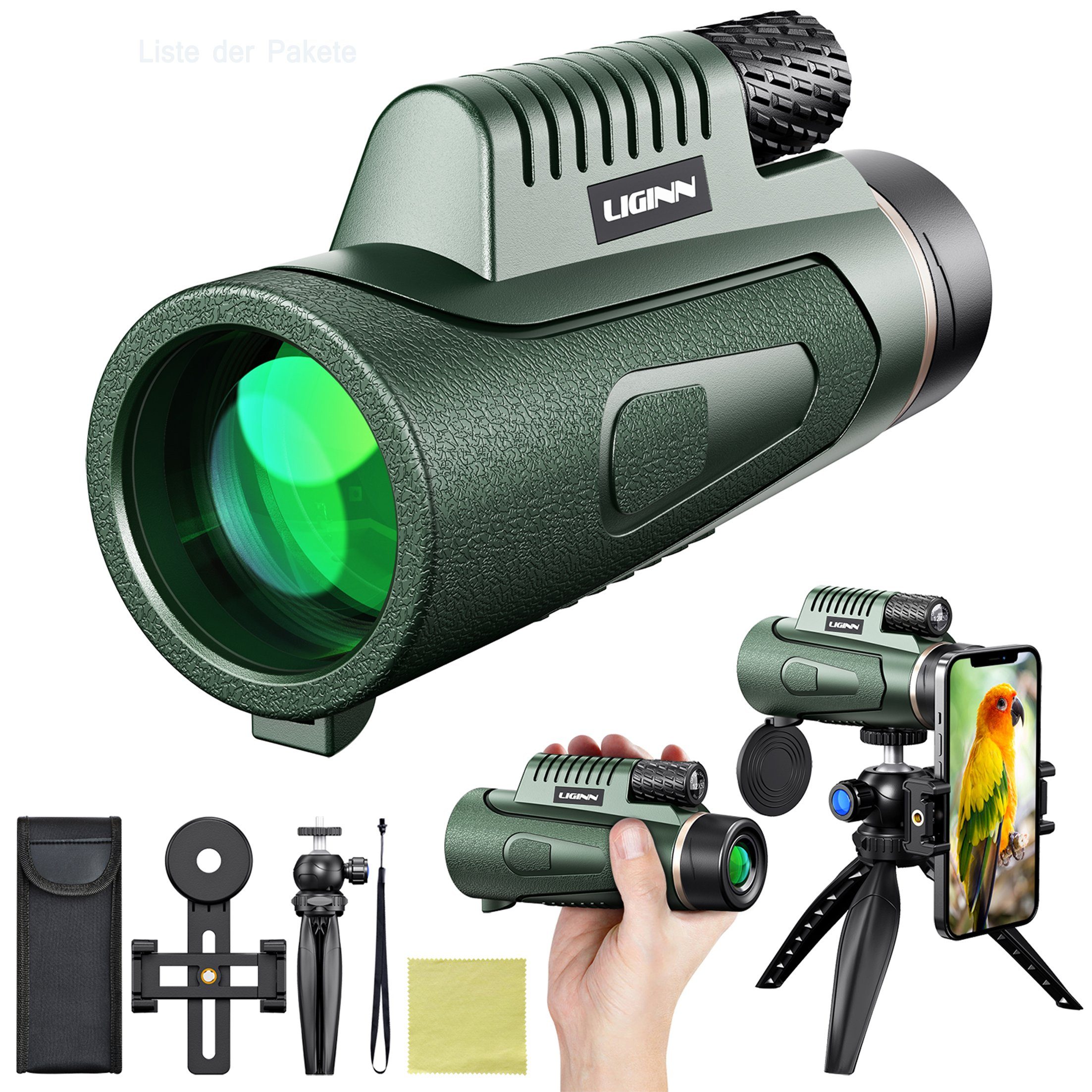 LeiGo Monokular 12x50,HD-Teleskop,Monokular,mit Stativ + Handy-Clip Fernglas (12fache Vergrößerung für Vogelbeobachtung/Sportspiele/Jagd/Reisen) Grün