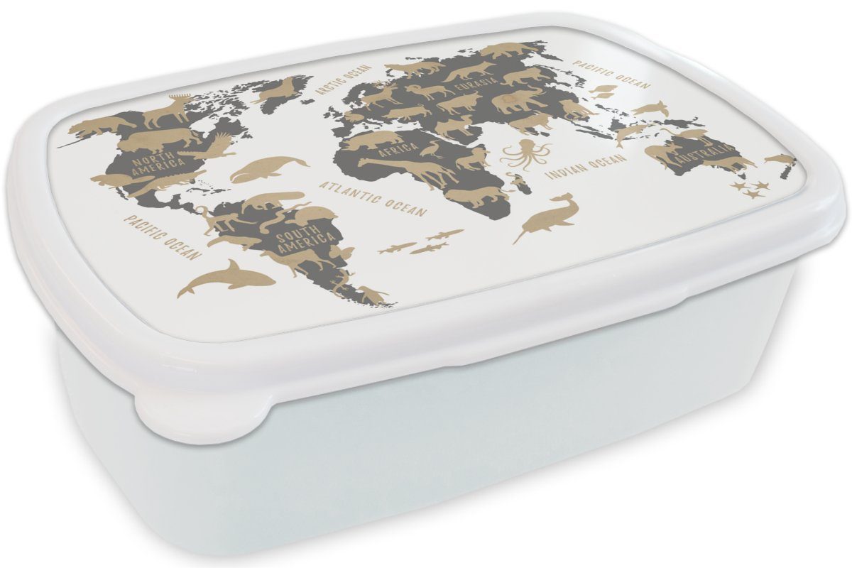 Jungs Weltkarte Grau und Mädchen (2-tlg), Brotbox - weiß Kinder - Lunchbox Kunststoff, Brotdose, Tiere, für MuchoWow und Erwachsene, für