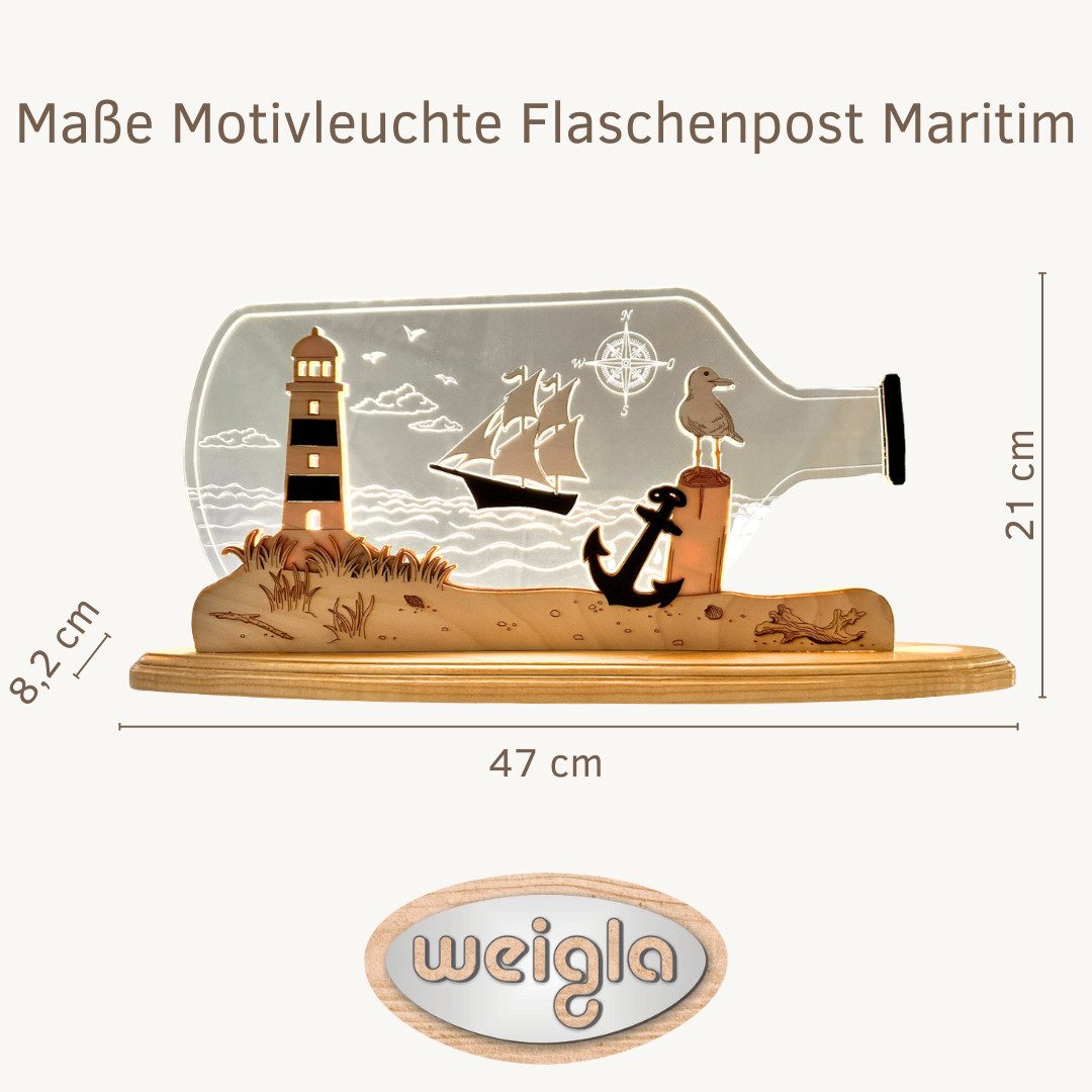 Weigla LED Dekolicht Flaschenpost "Maritim" aus Holz & Acrylglas, LED wechselbar, Erzgebirge garantiert, maritime Innendeko, Dekolampe
