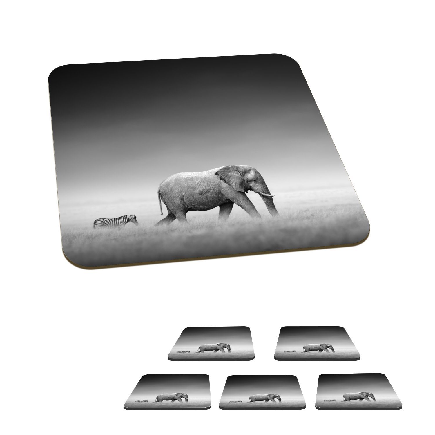 MuchoWow Glasuntersetzer Elefant - Tiere - Landschaft - Schwarz und weiß - Zebra, Zubehör für Gläser, 6-tlg., Glasuntersetzer, Tischuntersetzer, Korkuntersetzer, Untersetzer, Tasse