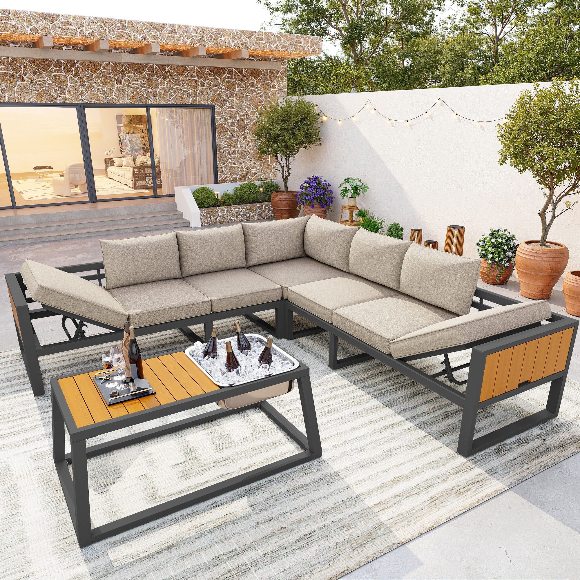 Merax Gartenlounge-Set mit 3-stufig verstellbarer Rückenlehne & ausklappbaren Armlehnen, (4-tlg., Terrassenmöbel aus Metall und Kunstholz), 7-Sitzer Gartenmöbel Sitzgruppe mit Sofa, Ecksofa & Couchtisch