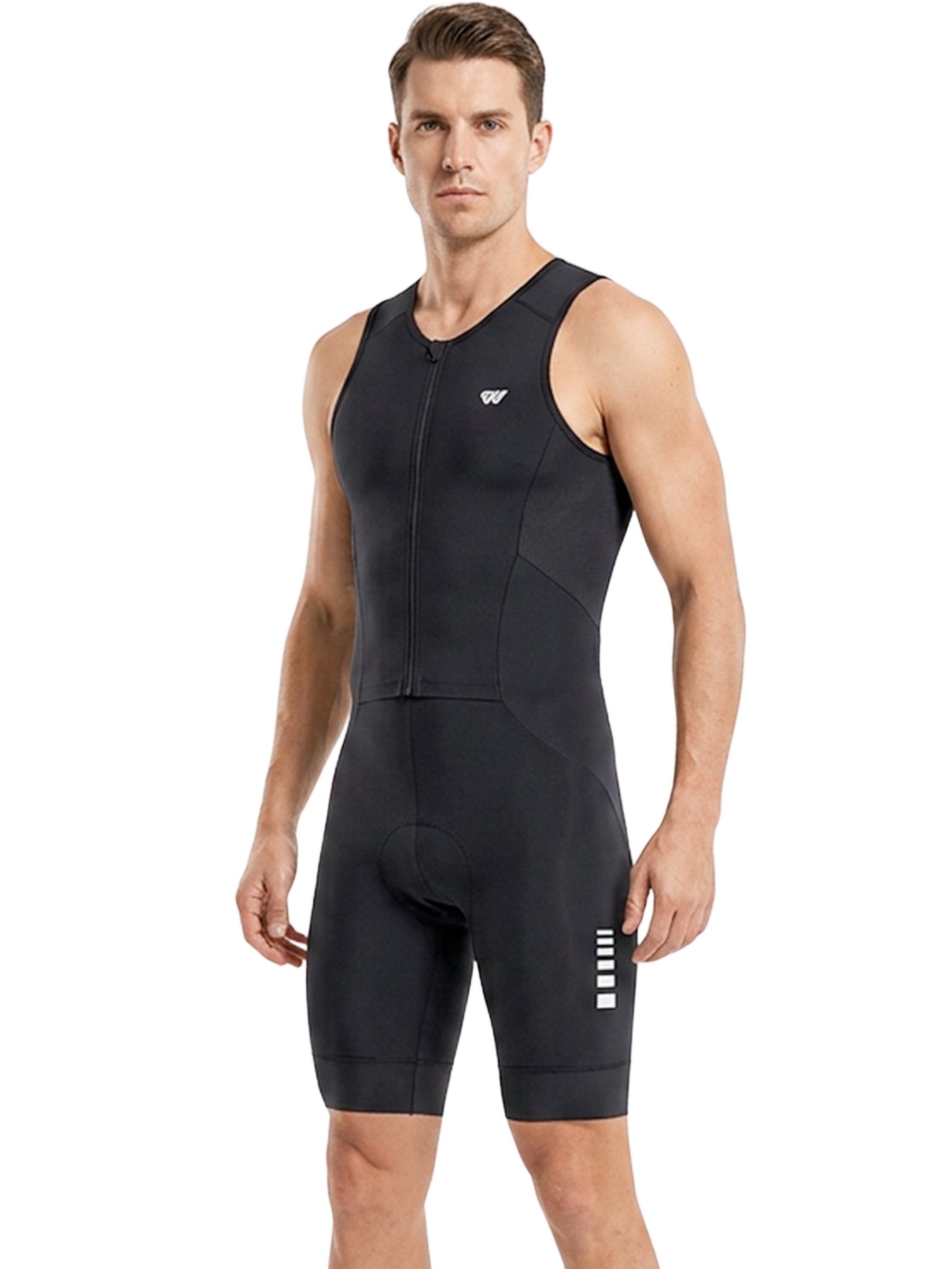 Wulibike Trainingsanzug Herren Trisuit ärmelloser Triathlon-Einteiler mit Frontreißverschluss (Einteilig, 1-tlg), Atmungsaktiv mit stützendem Sitzpolster, Muskelkompression & Taschen
