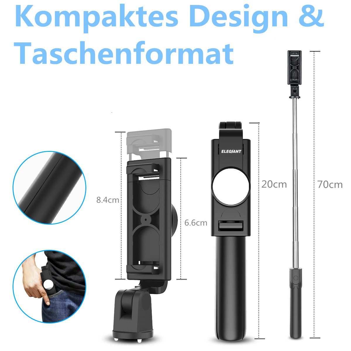Insma EGS-003 Selfiestick (Bluetooth Selfie mit Fernbedienung) Rückspiegel Stativ Stick 20-70cm