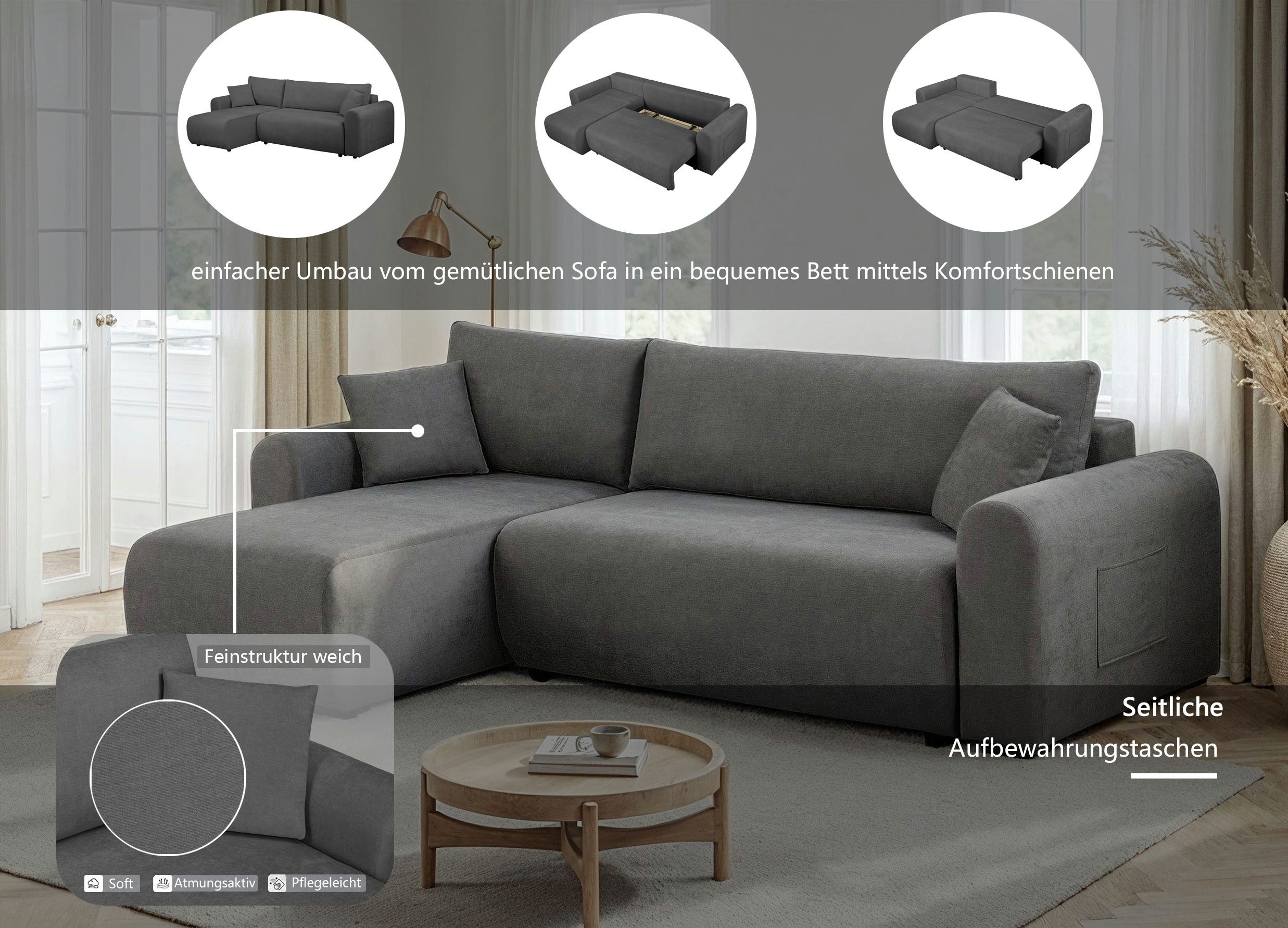 OTTO home Ecksofa JONAA L-Form, 241cm - OTTO. Verlässliche Qualität., Schlaffunktion(133/200), Bettkasten, Cord, Struktur, Unser Tiefpreis