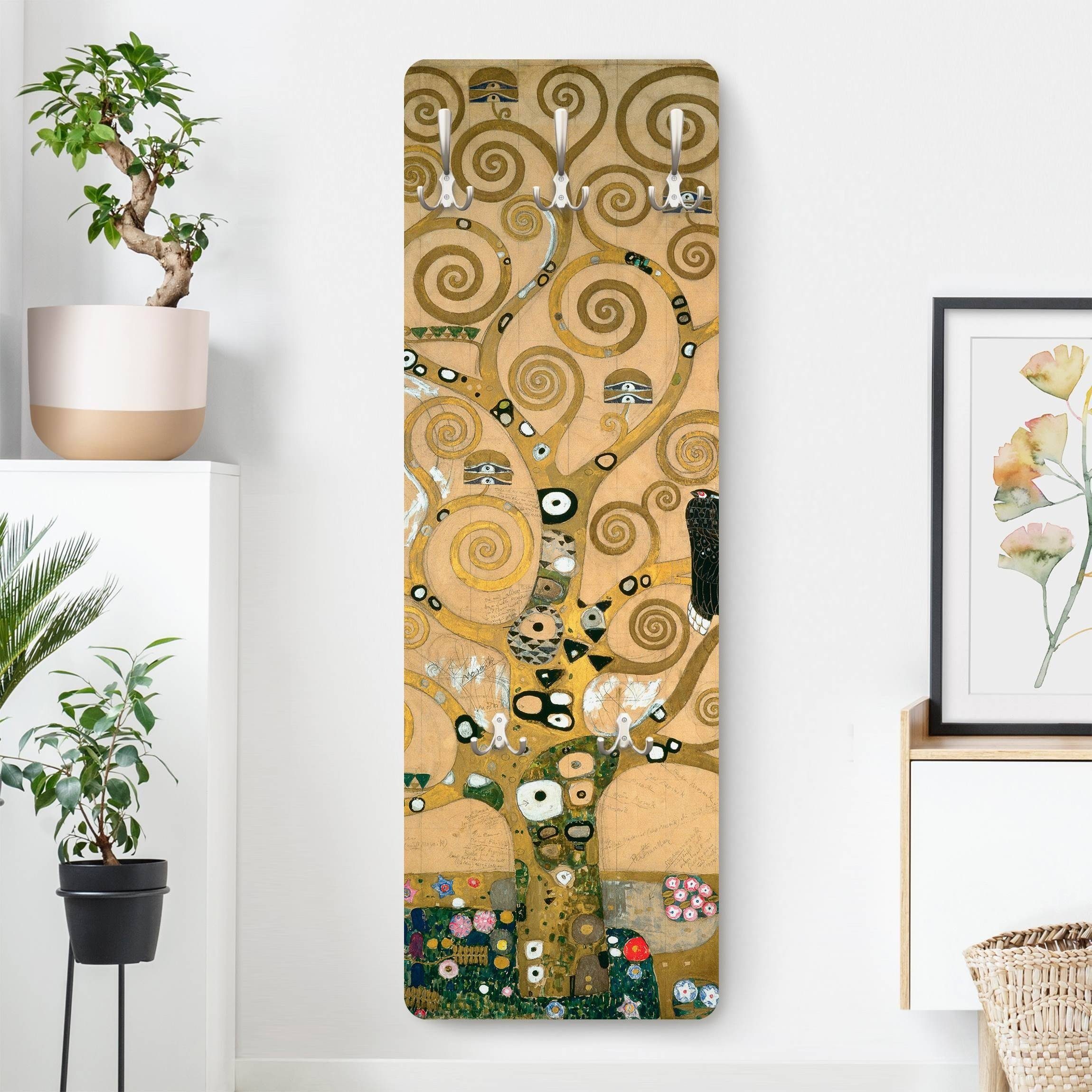 Bilderdepot24 Garderobenpaneel gold Kunst Natur Bäume Wald Gustav Klimt - Der Lebensbaum Design (ausgefallenes Flur Wandpaneel mit Garderobenhaken Kleiderhaken hängend), moderne Wandgarderobe - Flurgarderobe im schmalen Hakenpaneel Design