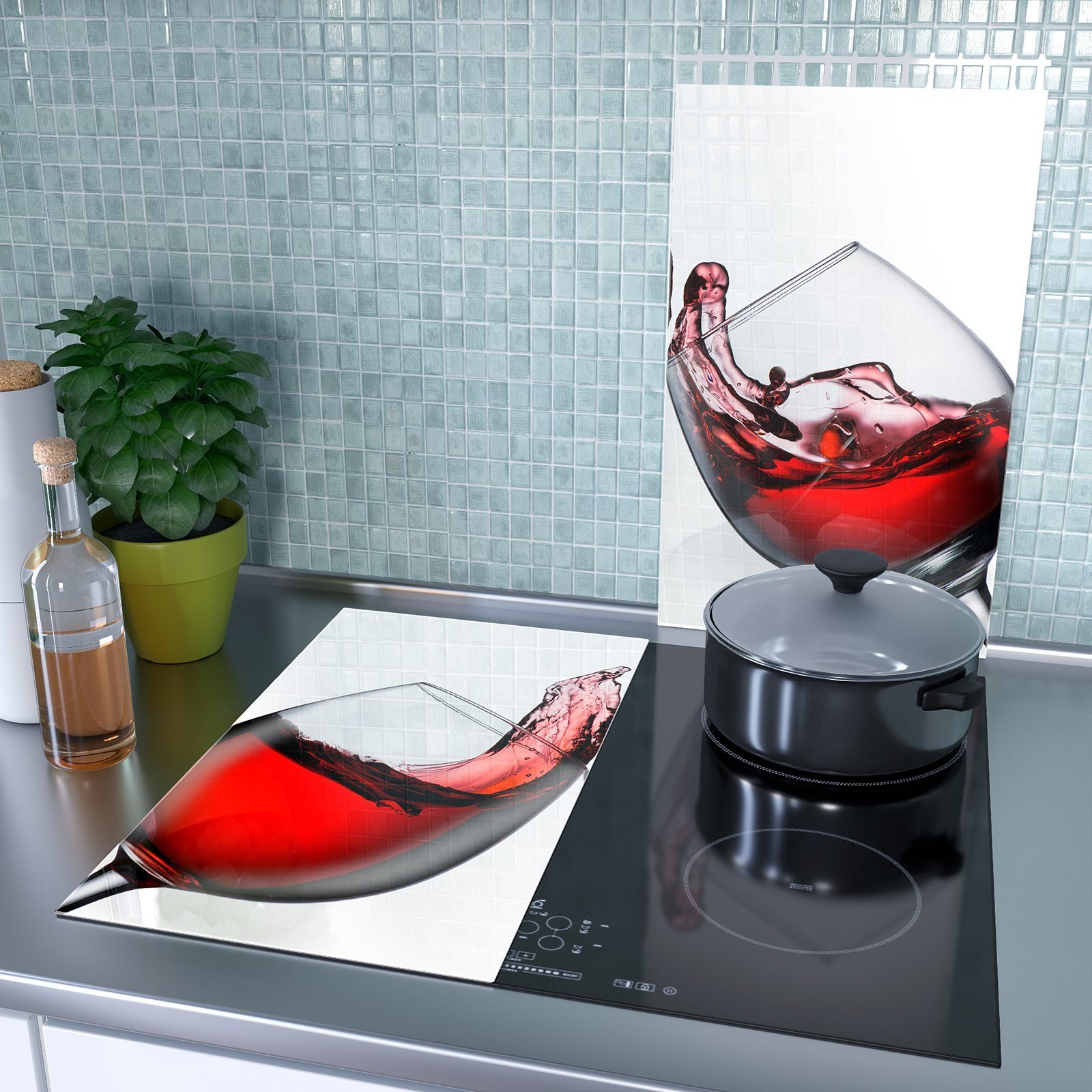 Primedeco Herd-Abdeckplatte Herdabdeckplatte (2 Glas Rotwein Spritzschutz aus Toast Glas, mit tlg) Glas, im