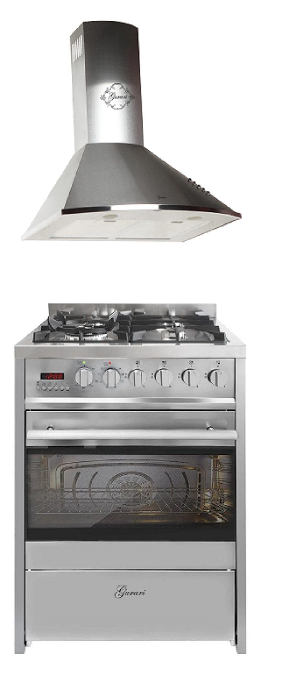 GURARI Gas-Standherd 60 cm Edelstahl Gasherd mit Elektrobackofen 60 L Range Coocker mit Dunstabzugshaube 60 cm, Edelstahl, Saugstark 1000m³/h GCH E 610 X+GCH 046 IS 6, mit 1-fach-Teleskopauszug, Gas Elektro Standherd 60 cm 60 L Erdgas Fl.Gas 4 Kw WOK