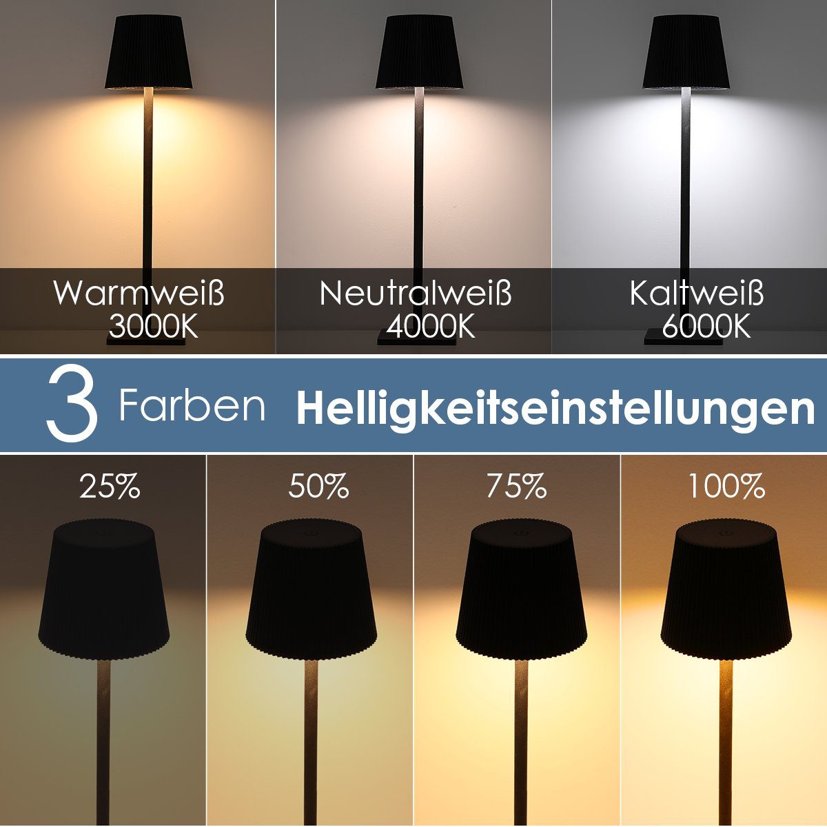 oyajia Stehlampe 3 in 1 Kabellose LED Stehlampe, 130cm Abnehmbar Leselampe 8000mAh-Akku, LED fest integriert, Kaltweiß/Naturweiß/Warmweiß, Dimmbar Eisen Tischla – Bild 5 von 5