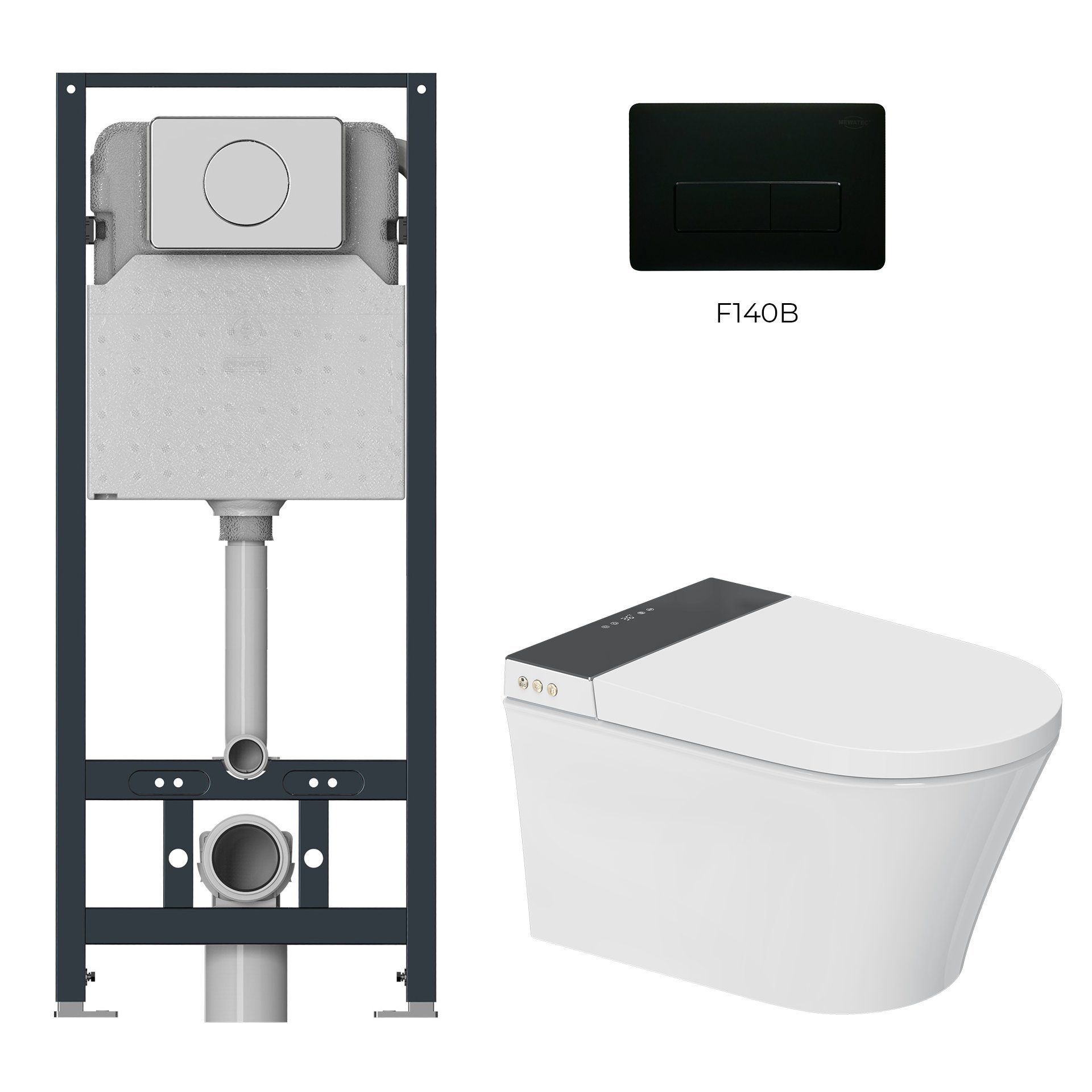 MEWATEC Dusch-WC Kombi-Set Florence Pro + Betätigungsplatte matt - schwarz - eckig, wandhängend, Abgang Wand, Komplett-Set, Ultimative Reinheit mit dem Dusch WC Set MEWATEC Florence Pro F2000!