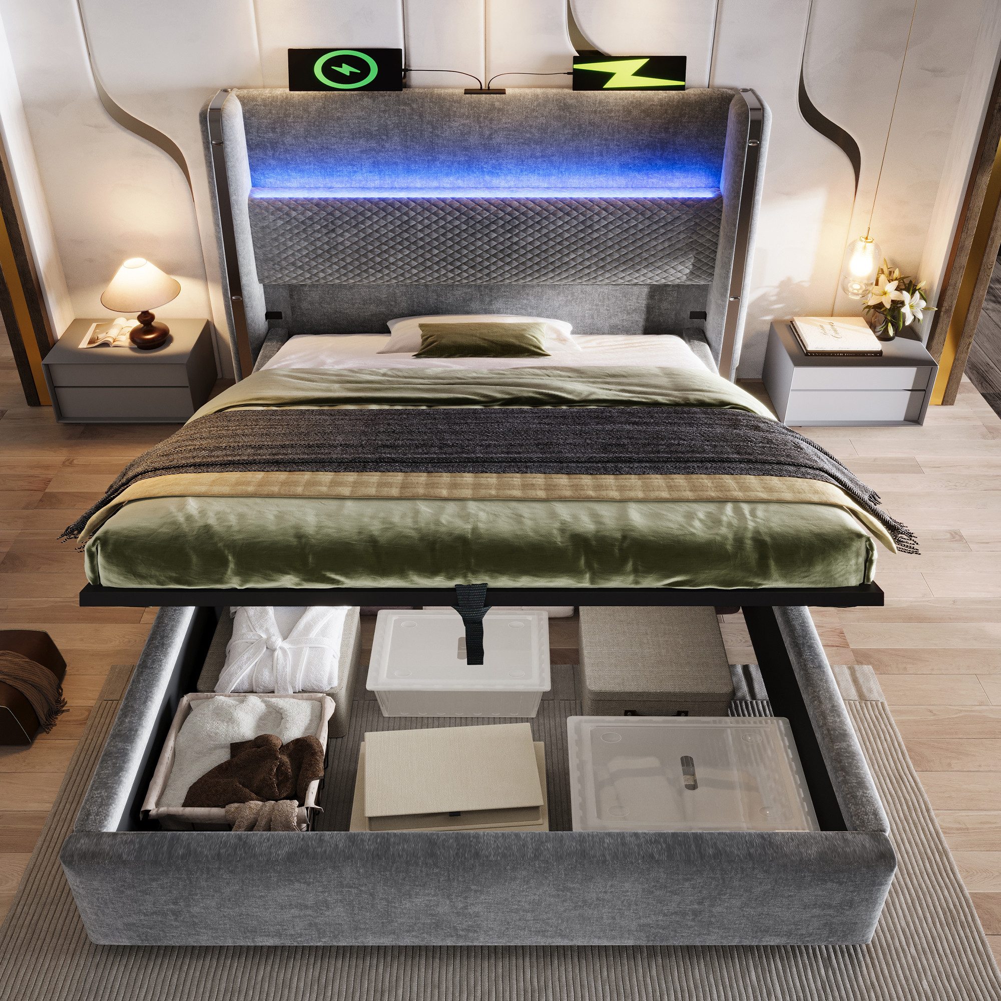 STILVORA Polsterbett 90x200 mit Bettkasten,Stauraumbett Bettgestell mit LED günstig online kaufen