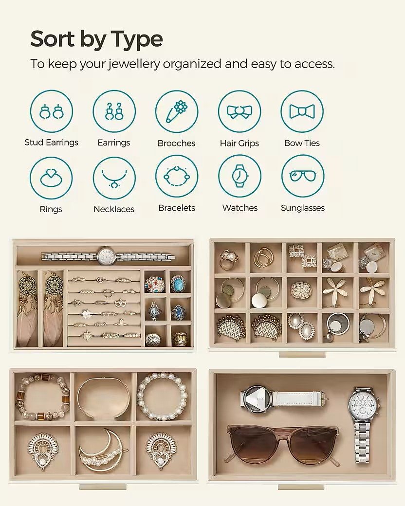 SONGMICS Schmuckkasten Schmuckkästchen mit 4 Ebenen, modern, mit Glasdeckel, Schmuckbox – Bild 4 von 5