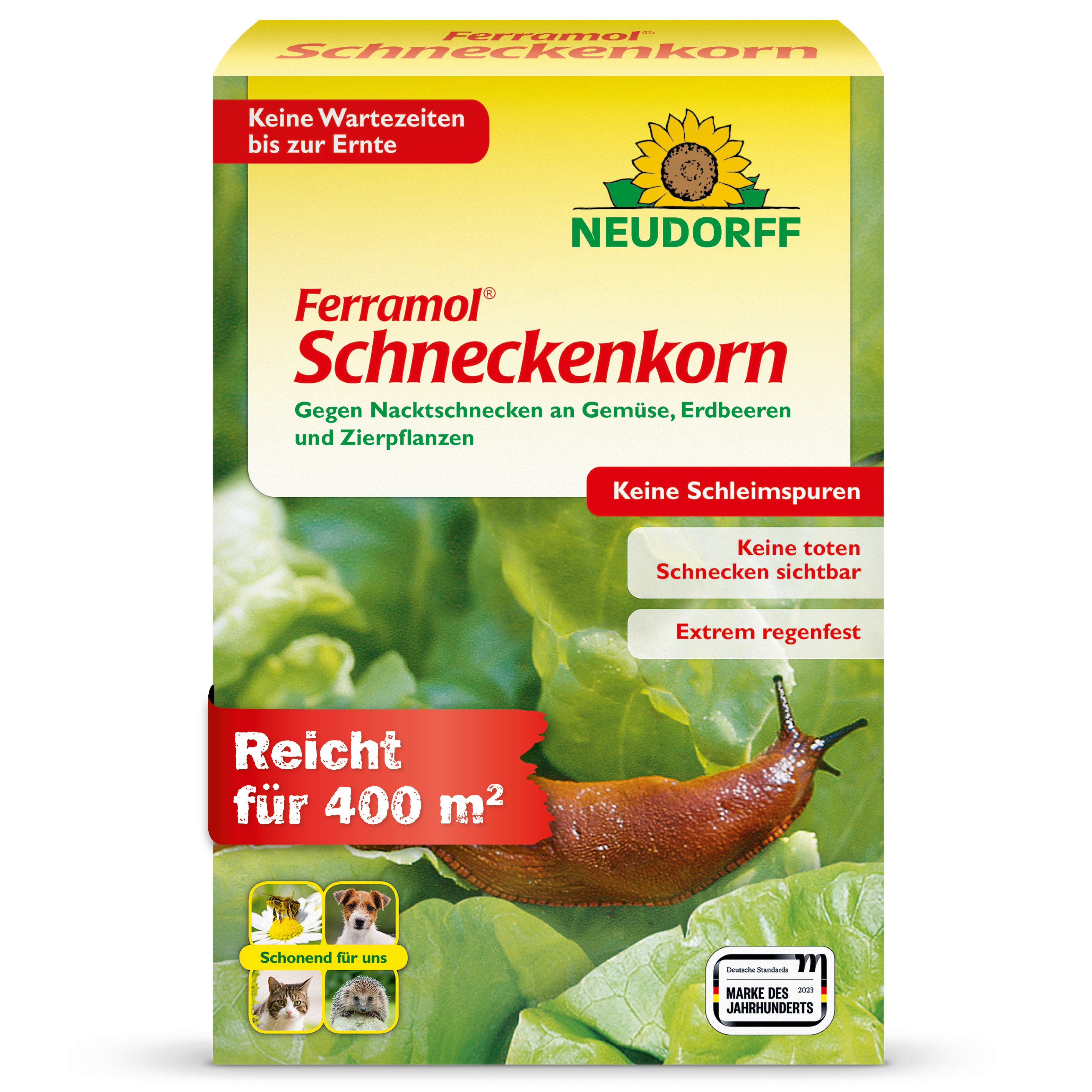 Neudorff Pflanzenstärkungsmittel Ferramol Schneckenkorn 2 kg für 400 m², Für Gemüse, Obst & Zierpflanzen im Freiland und Gewächshaus, Regenfester Fertigköder gegen Nacktschnecken, Regenfestes Schneckenkorn gegen Nacktschnecken ohne Schleimspuren