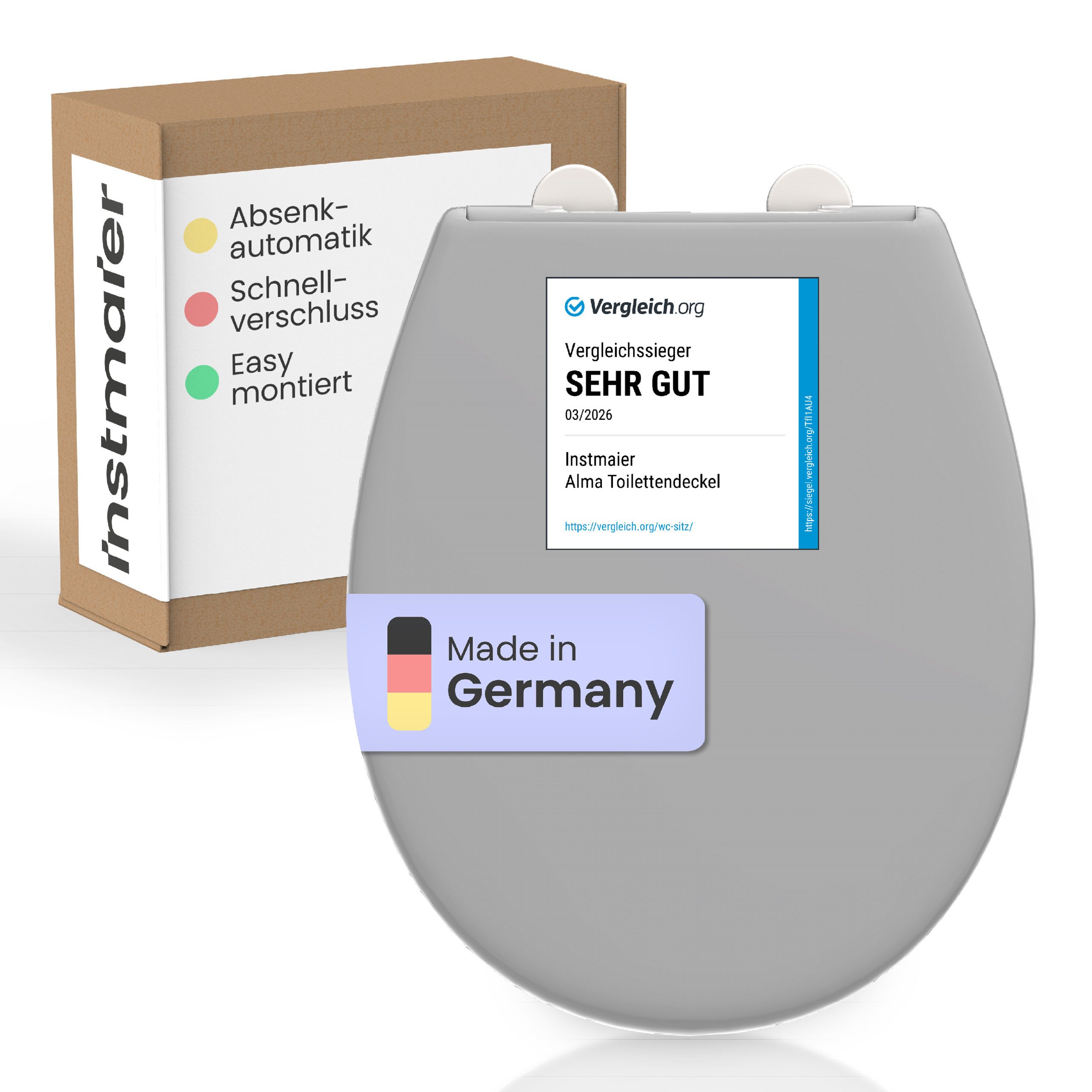 instmaier WC-Sitz Alma, Made in Germany, bakterienabweisendes Duroplast, bis 250kg, Manhattan-Grau, mit Absenkautomatik, zur Reinigung abnehmbar