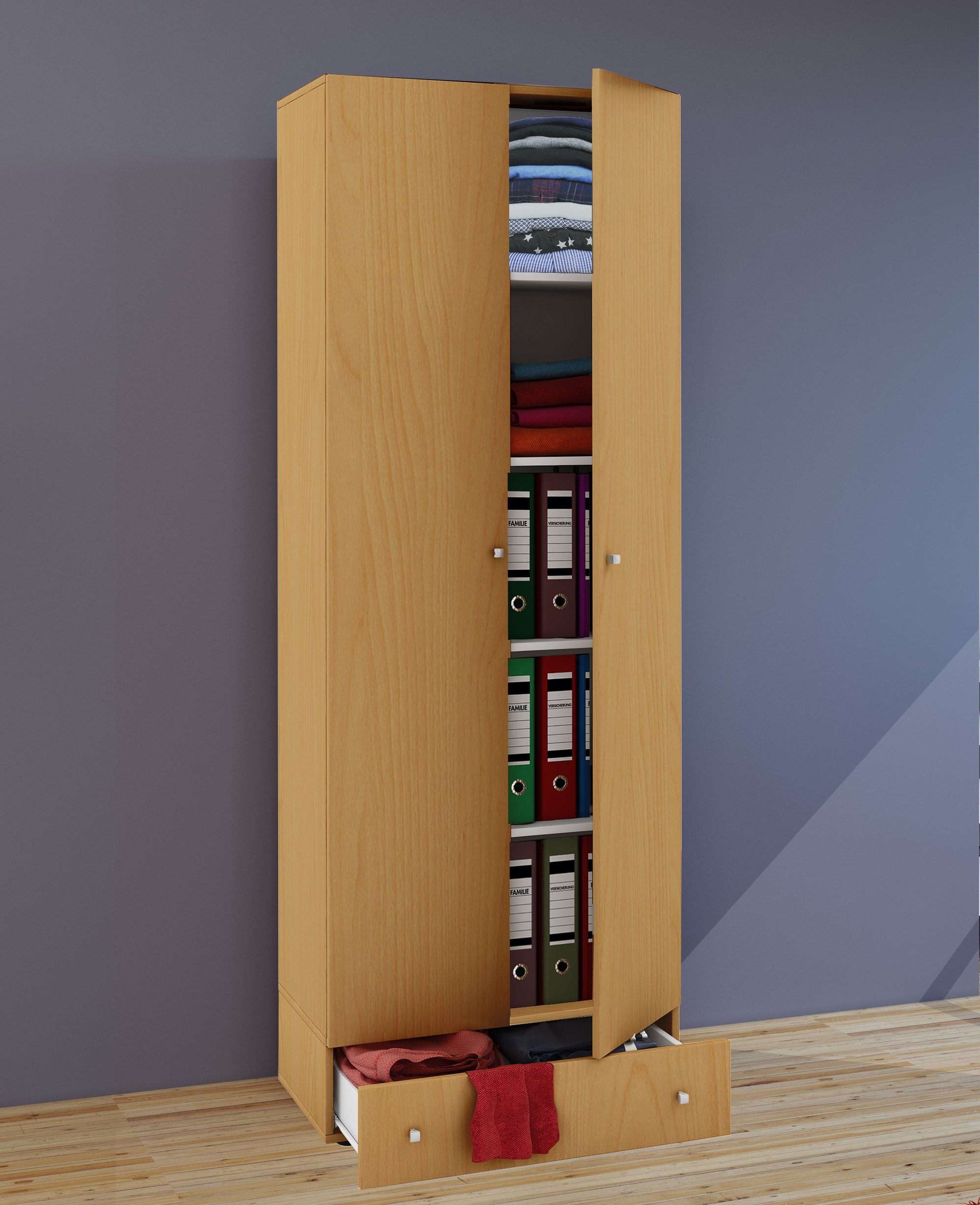 VCM Kleiderschrank Schlafzimmerschrank Vandol B. 70 x H. 196 x T. 40 Holz Kleiderschrank, 5 Fächer mit Schublade, 2 Drehtüren