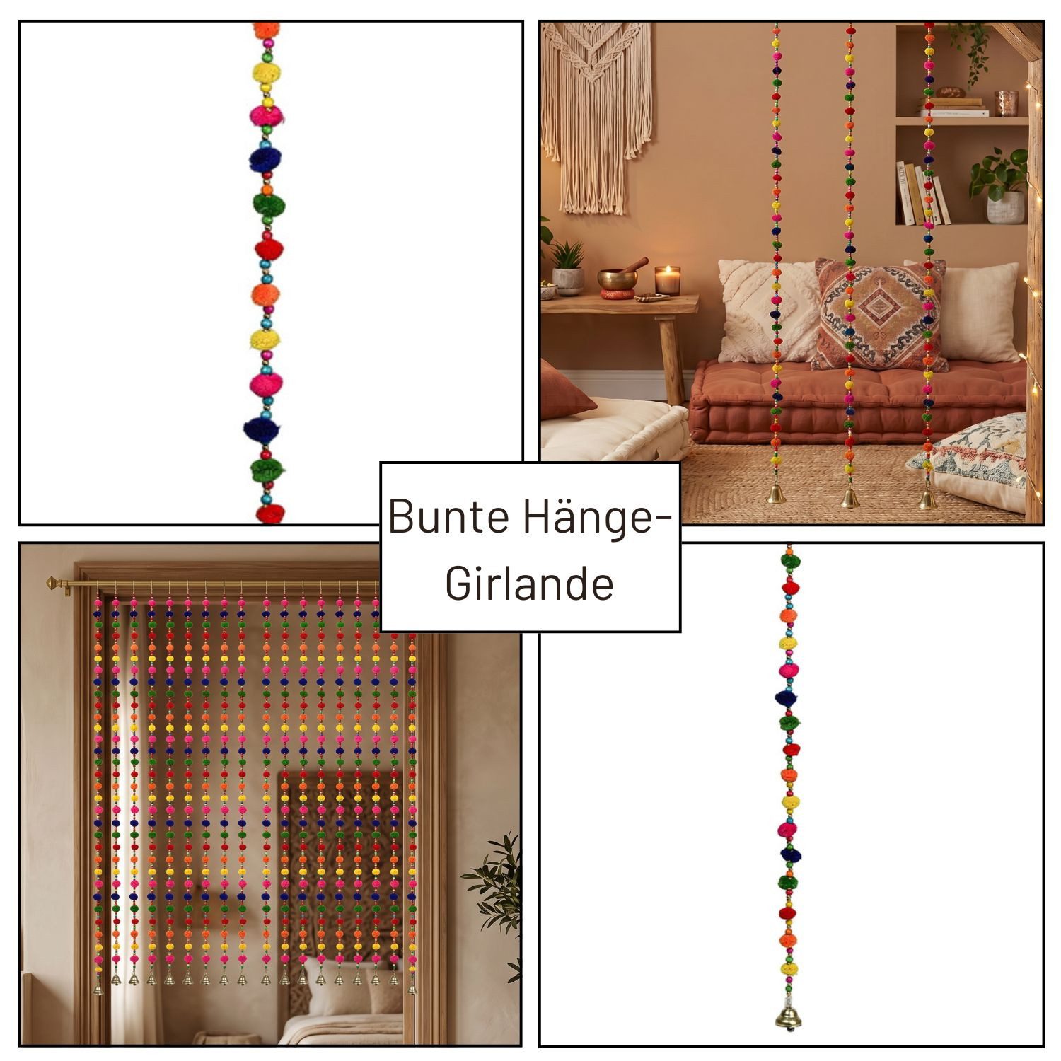 Marrakesch Orient & Mediterran Interior Hängedekoration Dekohänger Pom-Pom, 130 cm, aus Baumwolle, mit Perlen und Glöckchen – Bild 5 von 5