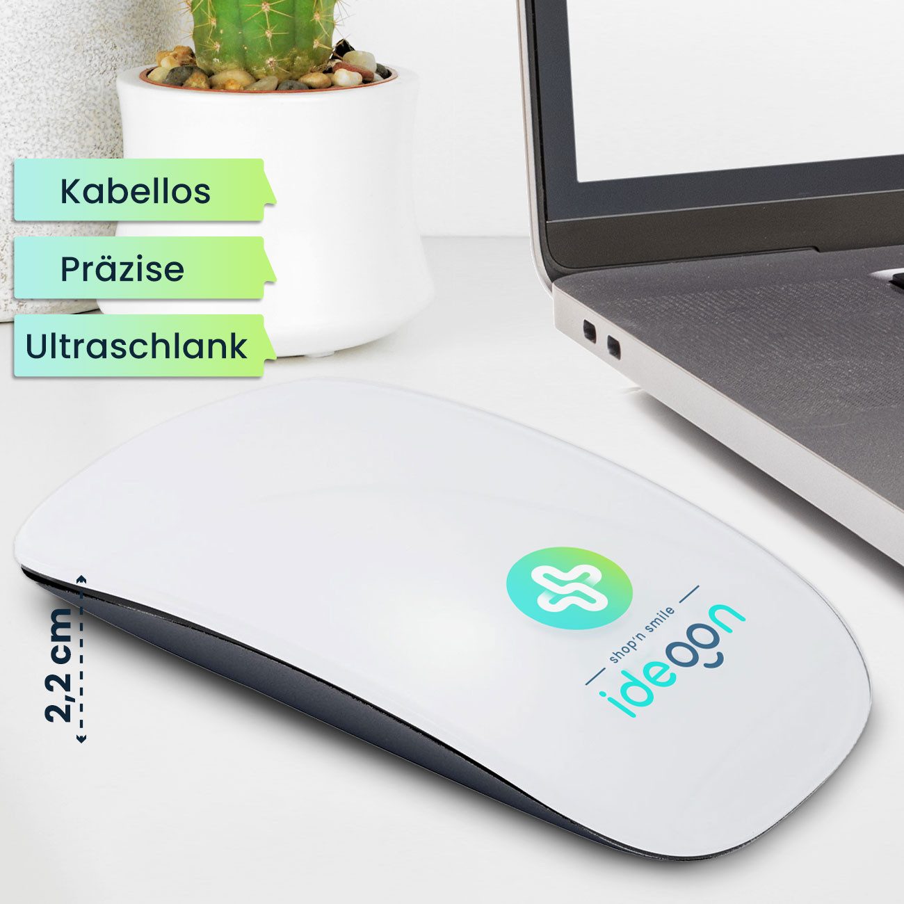 shop'n smile ideoon Ultraschlanke Bluetooth Maus mit Akku kabellose wiederaufladbare PC Maus (Bluetooth, Bluetooth 5.1, kompakt 11,3x5,7x2,2 cm, 500 mAh 3,7 V Akku)