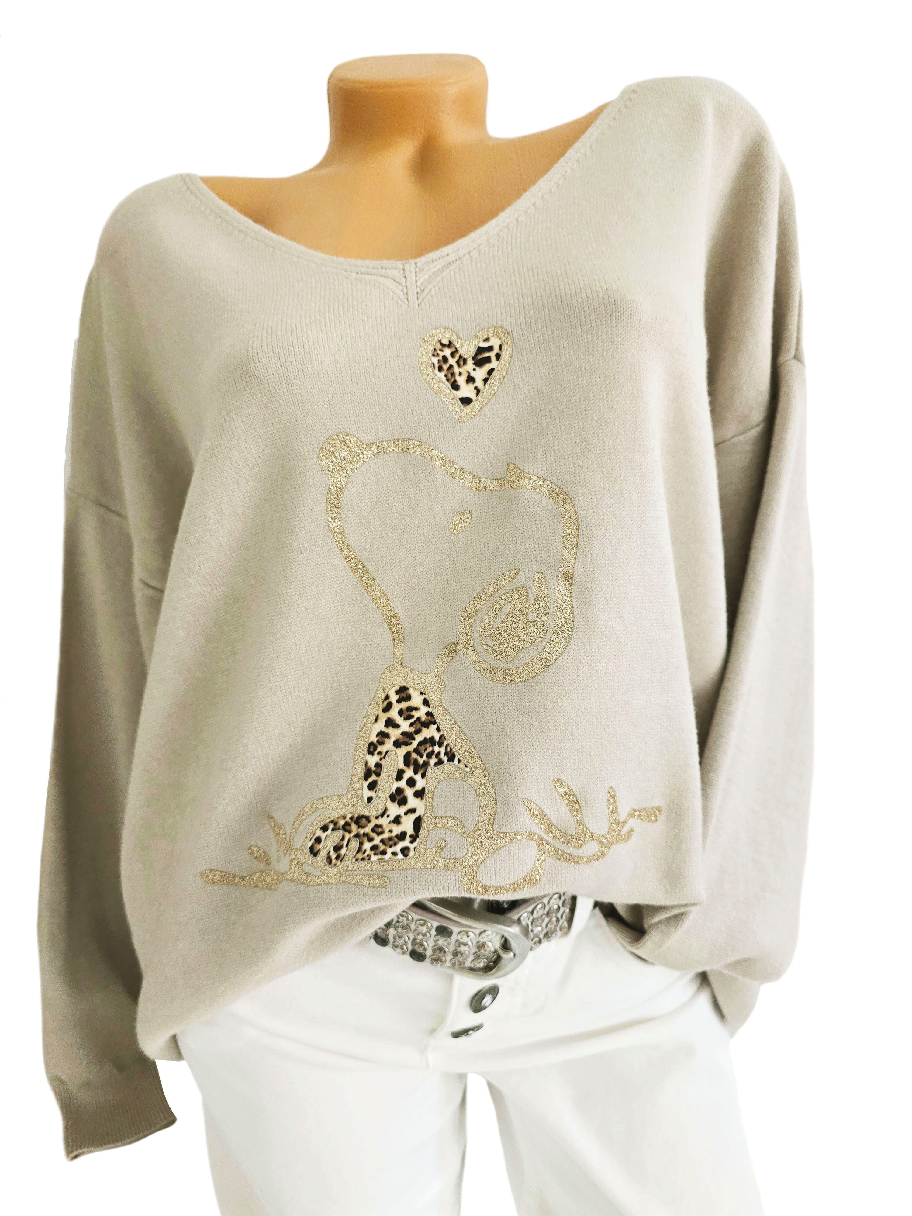 Rehoboth Moda V-Ausschnitt-Pullover Feinstrick Damen Pullover Snoopy Patch günstig online kaufen