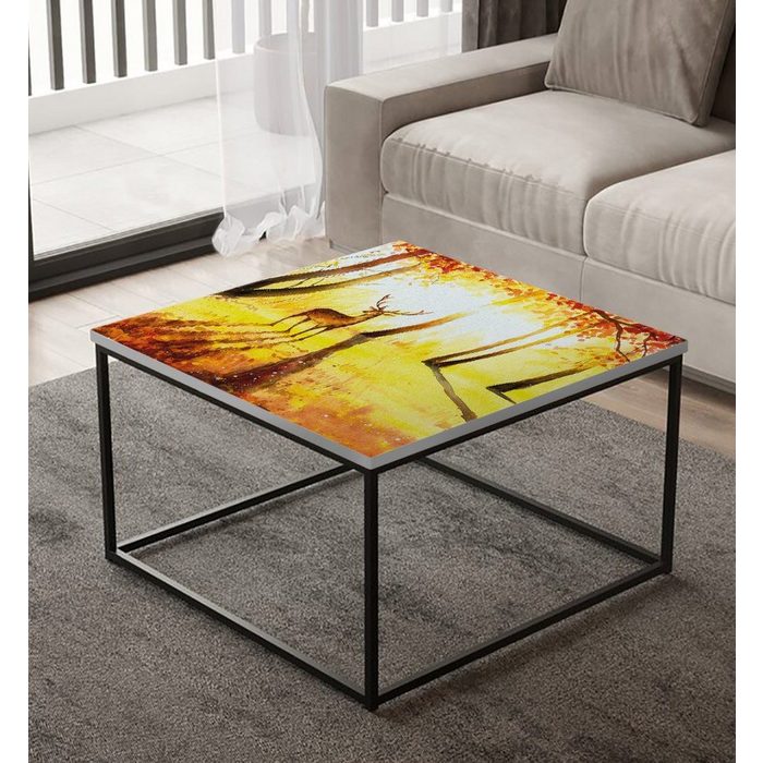 MyMaxxi Möbelfolie MyMaxxi - selbstklebende Tischfolie Sonnenuntergang im Hirschwald orange kompatibel mit Ikea Lacktisch Gemälde Zeichnung Kunstwerk Möbelfolie Aufkleber - blasenfrei zu verkleben