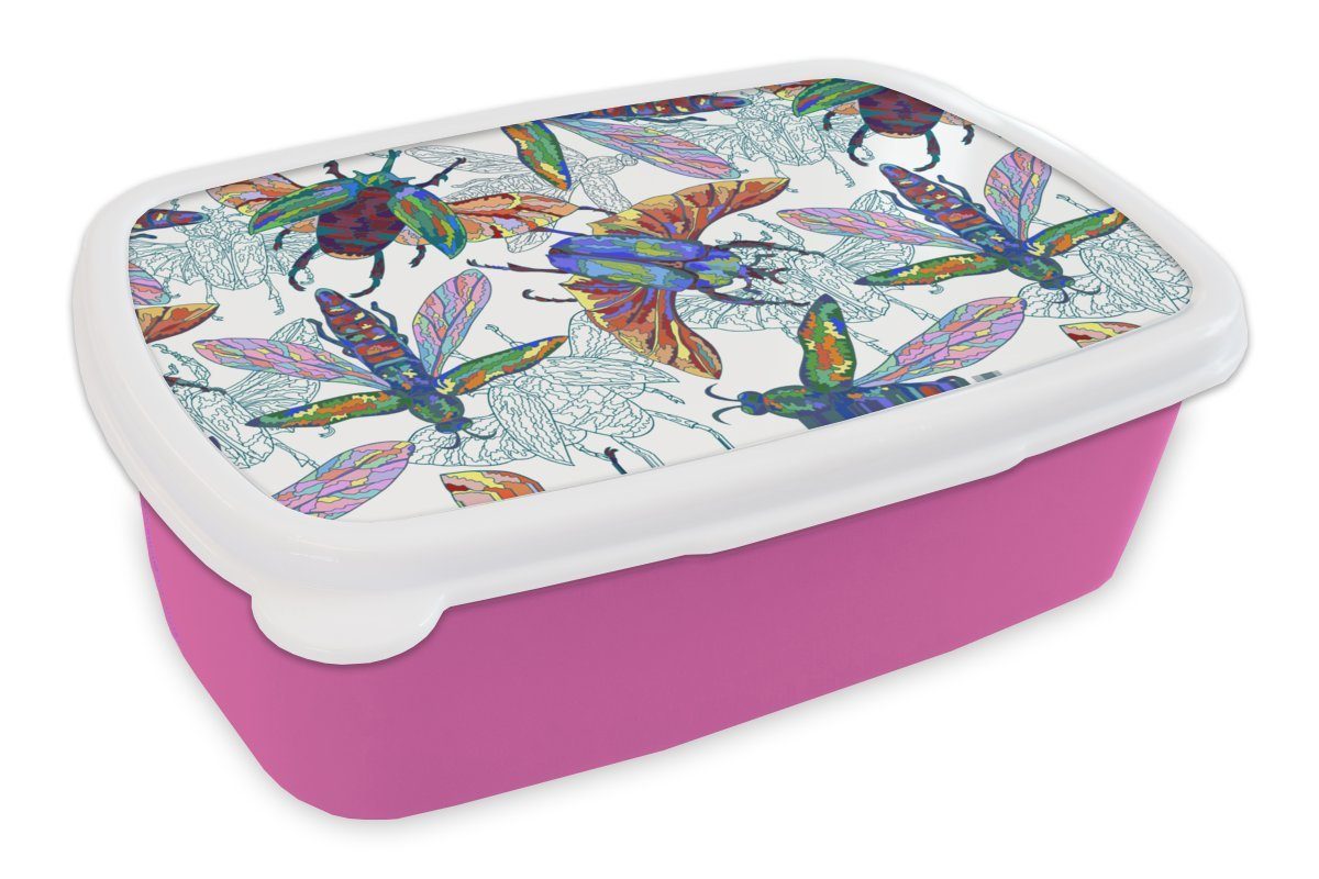 MuchoWow Lunchbox Insekten - Regenbogen - Design, Kunststoff, (2-tlg), Brotbox für Erwachsene, Brotdose Kinder, Snackbox, Mädchen, Kunststoff rosa