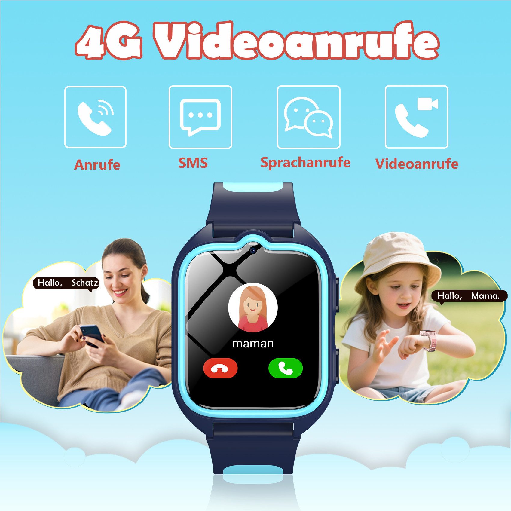 blackview Kinder Smartwatch 4G GPS – Telefon, Videochat, SOS, Ortung, Schulmodus Smartwatch (1.75" Zoll) Packung, 1-tlg., 1×Smartwatch, 1xHalsband, 1 Ladekabel, 1 Bedienungsanleitung (DE), GPS+WLAN+LBS Ortung, 800 mAh,LED-Taschenlampe,Mit SIM-Kartensteckplatz