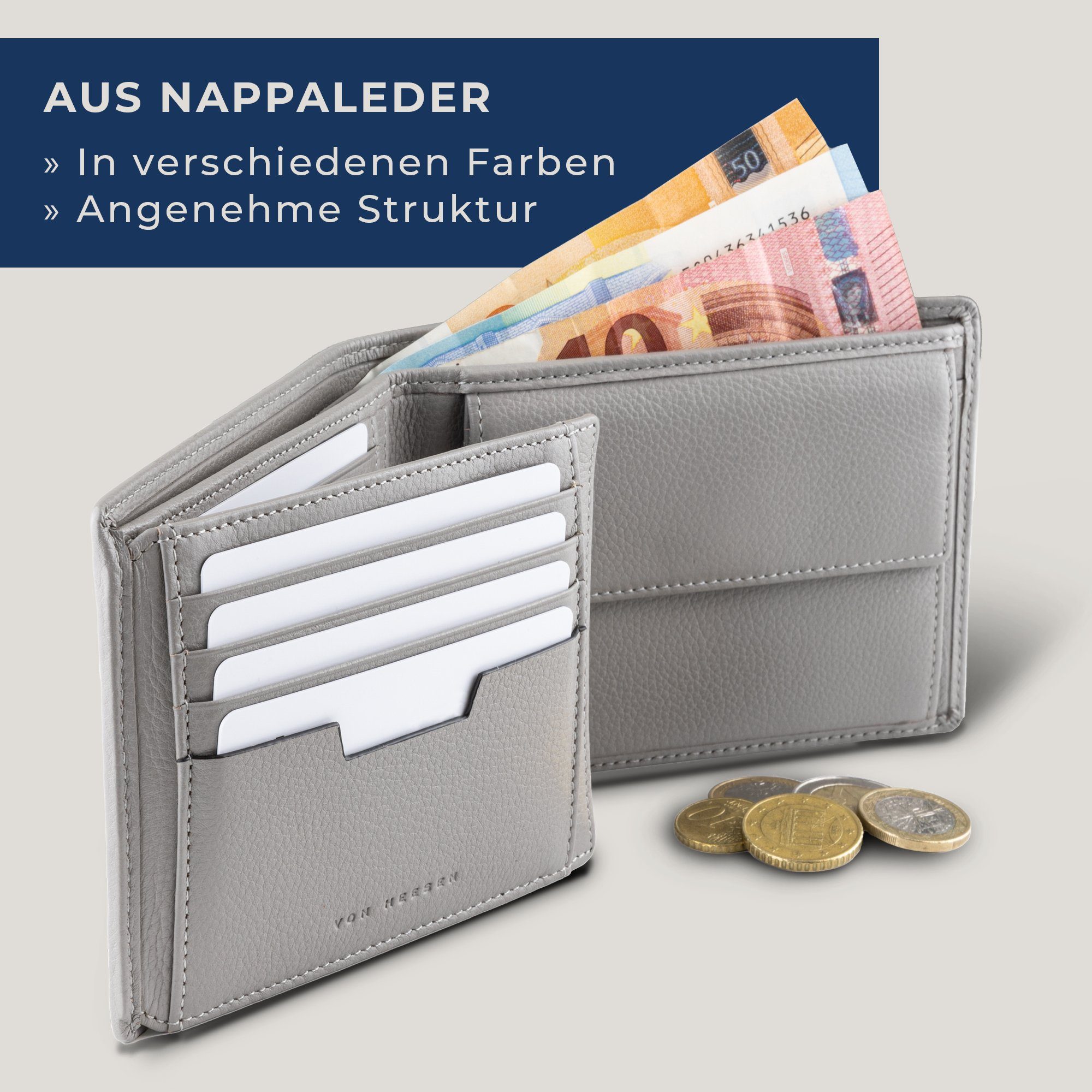 VON HEESEN Geldbörse Geldbeutel Geschenkbox Grau RFID-Schutz mit inkl. 13 & Portemonnaie Kartenfächer