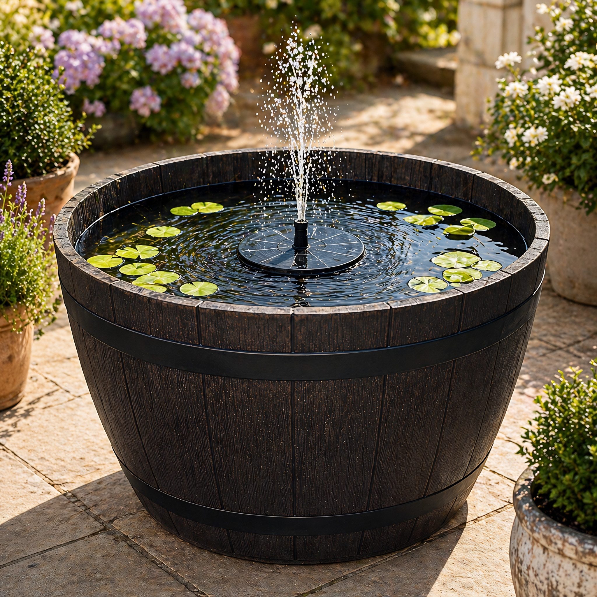 matches21 HOME & HOBBY Wasserspiel Solar LED Brunnen Set inkl. Akku - 51 cm Schale in Holzoptik braun, (2 tlg), Solar Springbrunnen und Brunnenschale als Gartendeko