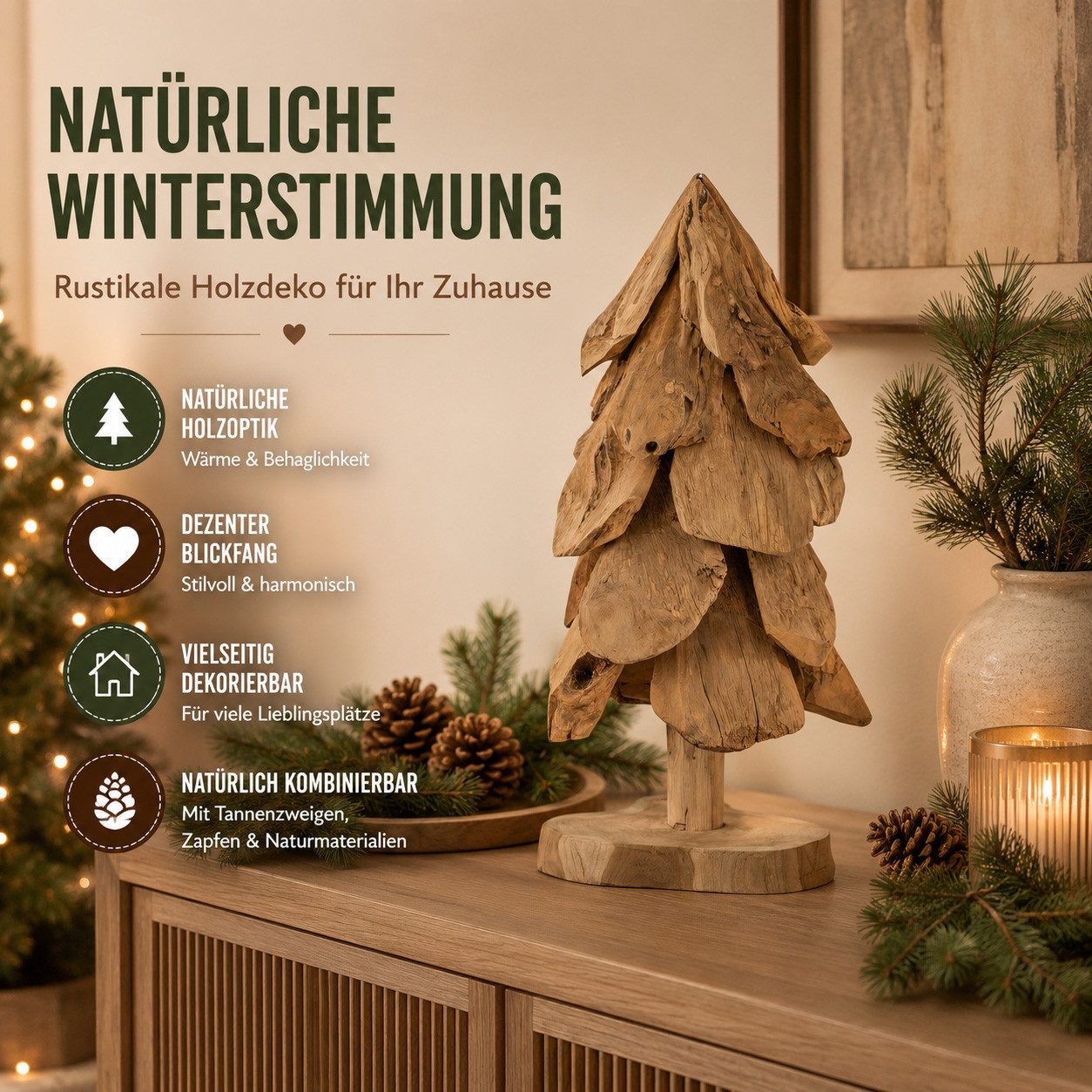 formano Dekofigur Holz Weihnachtsbaum aus Teak-Holz auf Sockel, 60 cm Weihnachtsdeko