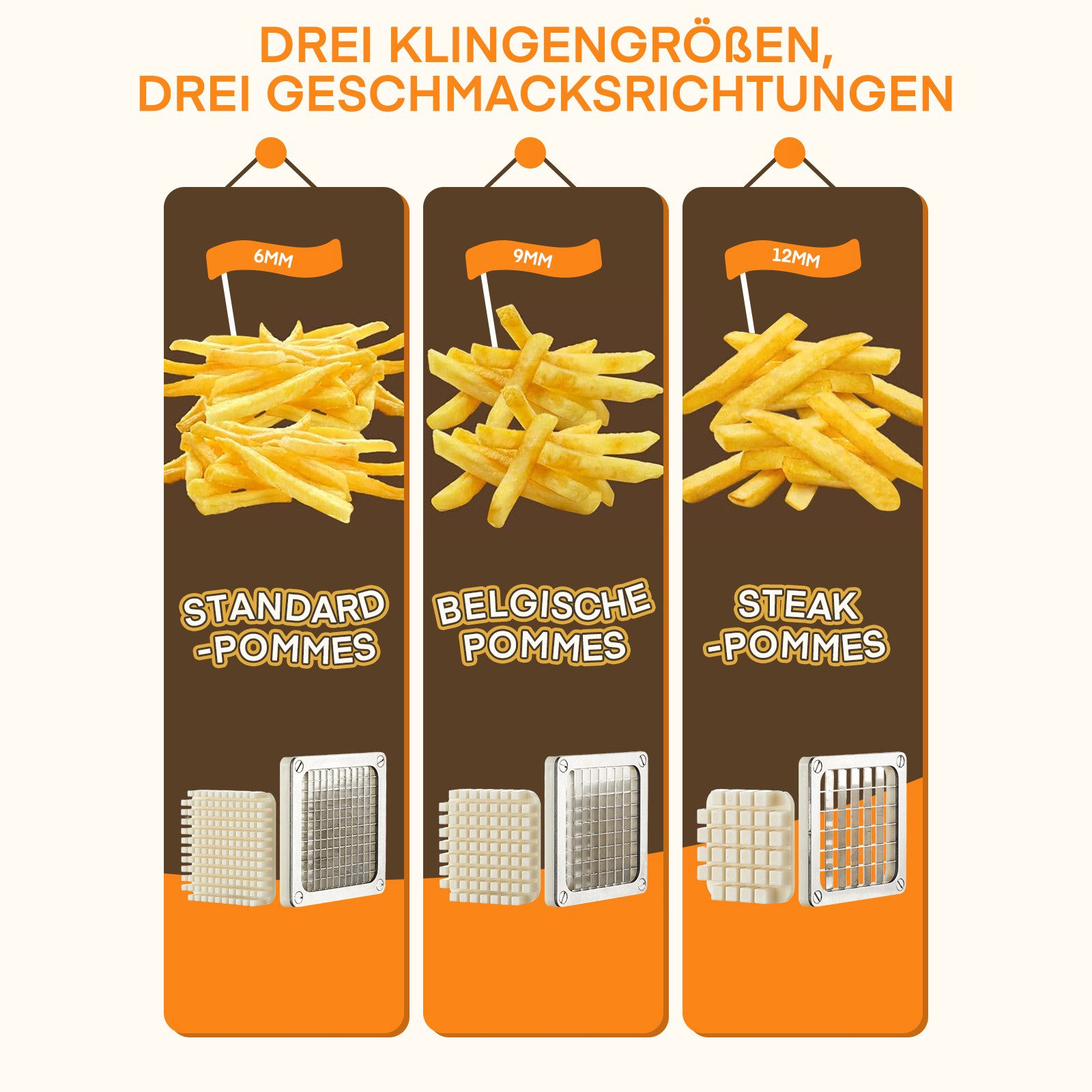 FOHERE Pommesschneider Kartoffelschneider Edelstahl Pommes Frites Schneidemaschine, (4-tlg), mit 13, 9, 6 mm Klingen aus Edelstahl, Silber – Bild 4 von 5