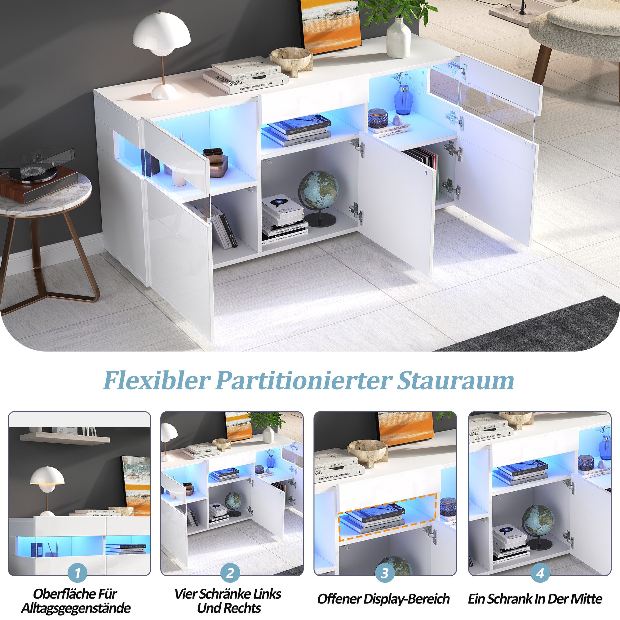 Merax Sideboard mit LED-Lichtleiste, Anrichte in Weiß mit Hochglanzfront (1 St., 140*40.5*66.5cm), Wohnzimmerschrank Kommode mit 3 Türen, 7 Ablagefächern, Acryl-Elemente