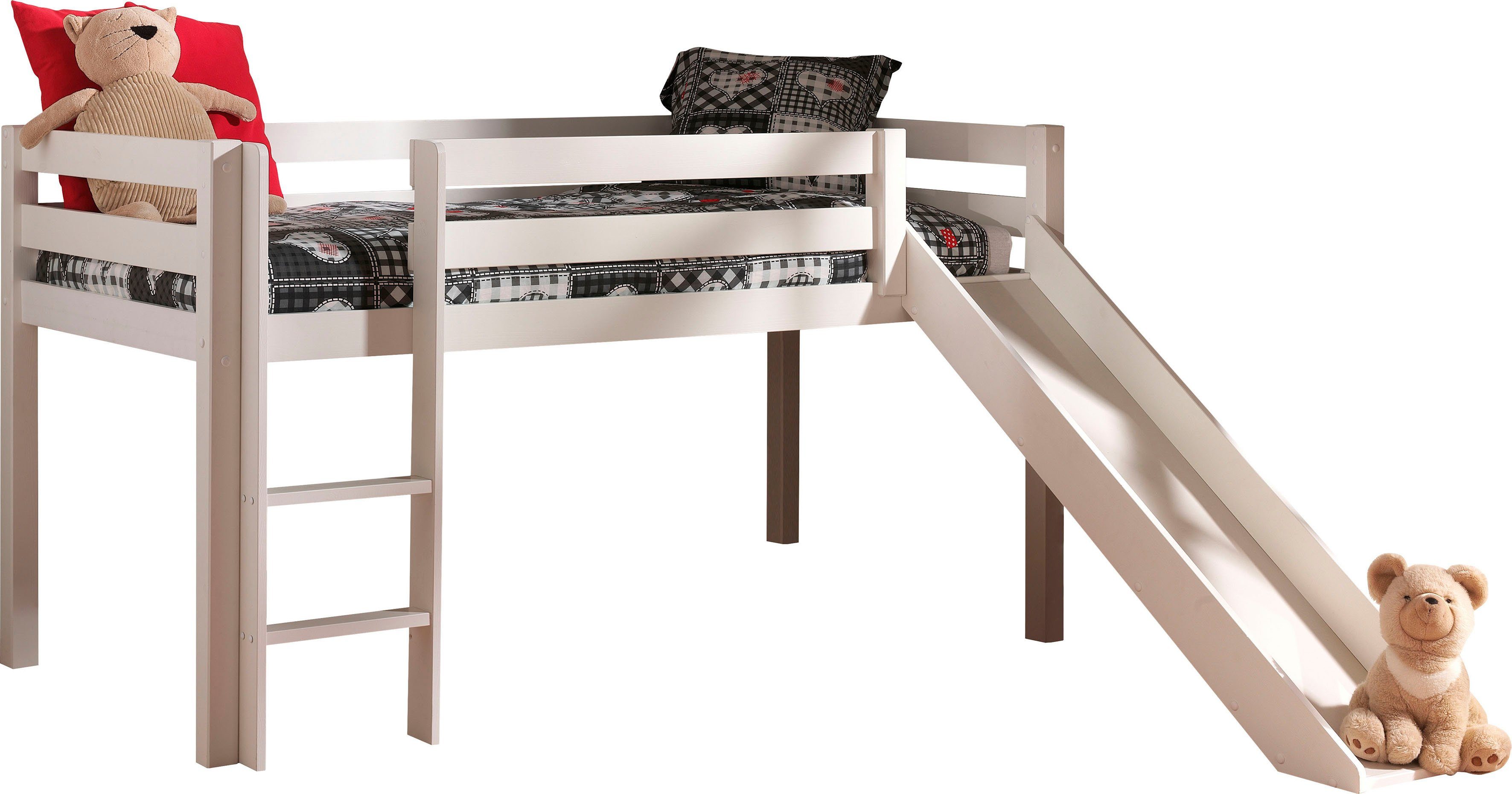 Vipack Hochbett Pino, inkl. Rolllattenrost, Leiter, Rutsche und Absturzschutz (B/H/T ca. 210x114x218cm, Kiefer massiv, stabil und standfest) in verschiedenen Farben erhältlich