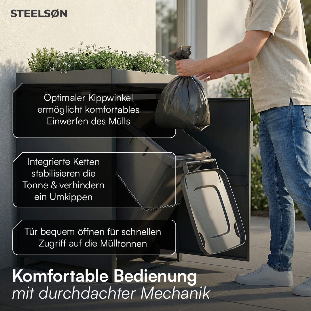 STEELSØN Mülltonnenbox Thoria mit Pflanzendach (Anthrazit, 120 L, verfügbar mit 1, 2, 3, 4, oder 5 Türen), Mülltonnenverkleidung aus Stahl für 1 Tonne