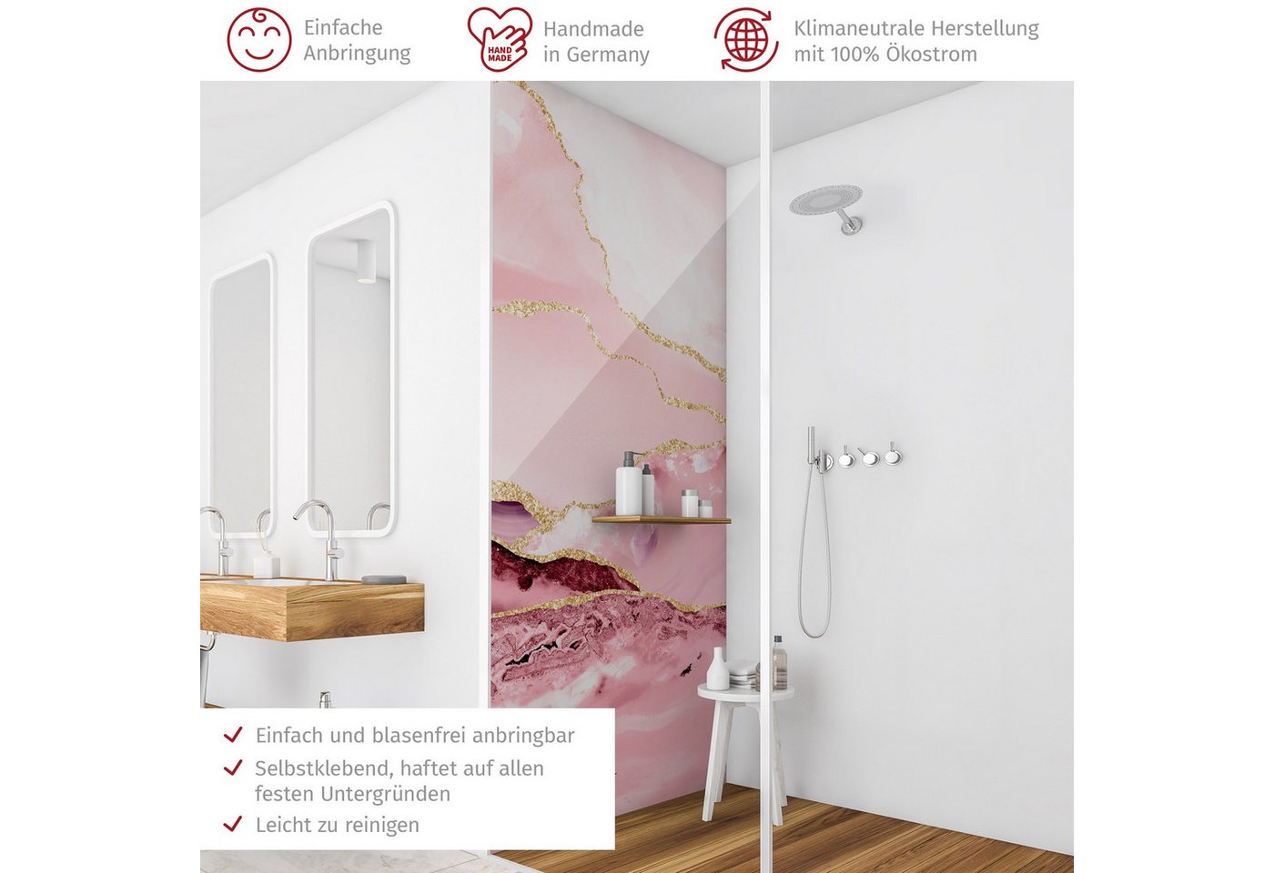Thumbnail - Bilderdepot24 Badrückwand Berg rosa Duschrückwand ohne Bohren Dusche Steinoptik, (1-tlg., Hart-Folie Premium matt 0,61 m...