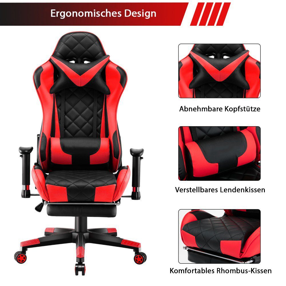 Mucola Gaming Chair Gamingstuhl 140kg Chefsessel 4fach verstellbare Armlehnen Fußstütze (Stück, 3 St), 4 fach verstellbare Armlehnen Fußstütze Nackenkissen