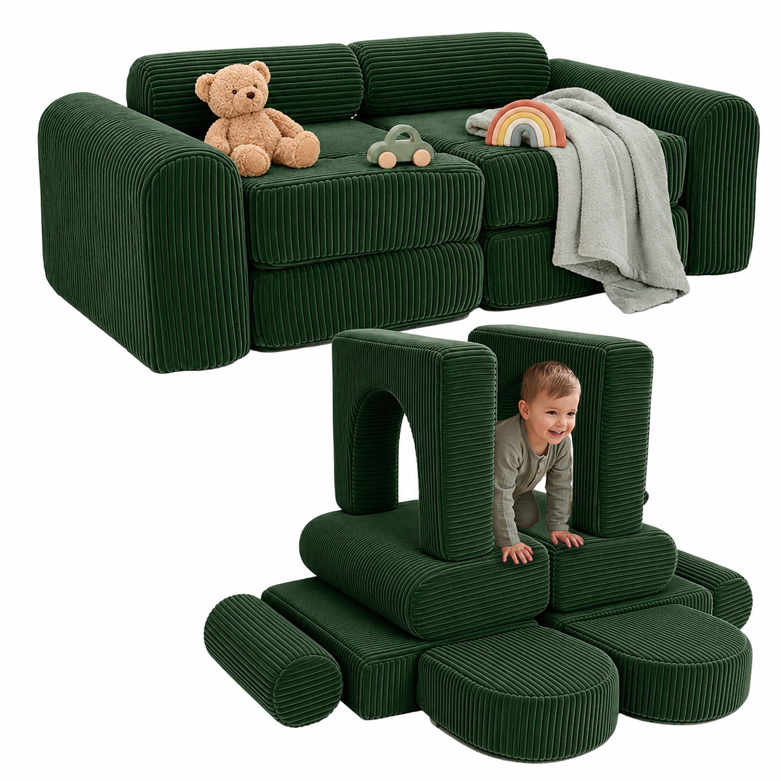relaxdays Kindersofa 10-tlg. Kinder Spielsofa modular, 10 Teile, grün